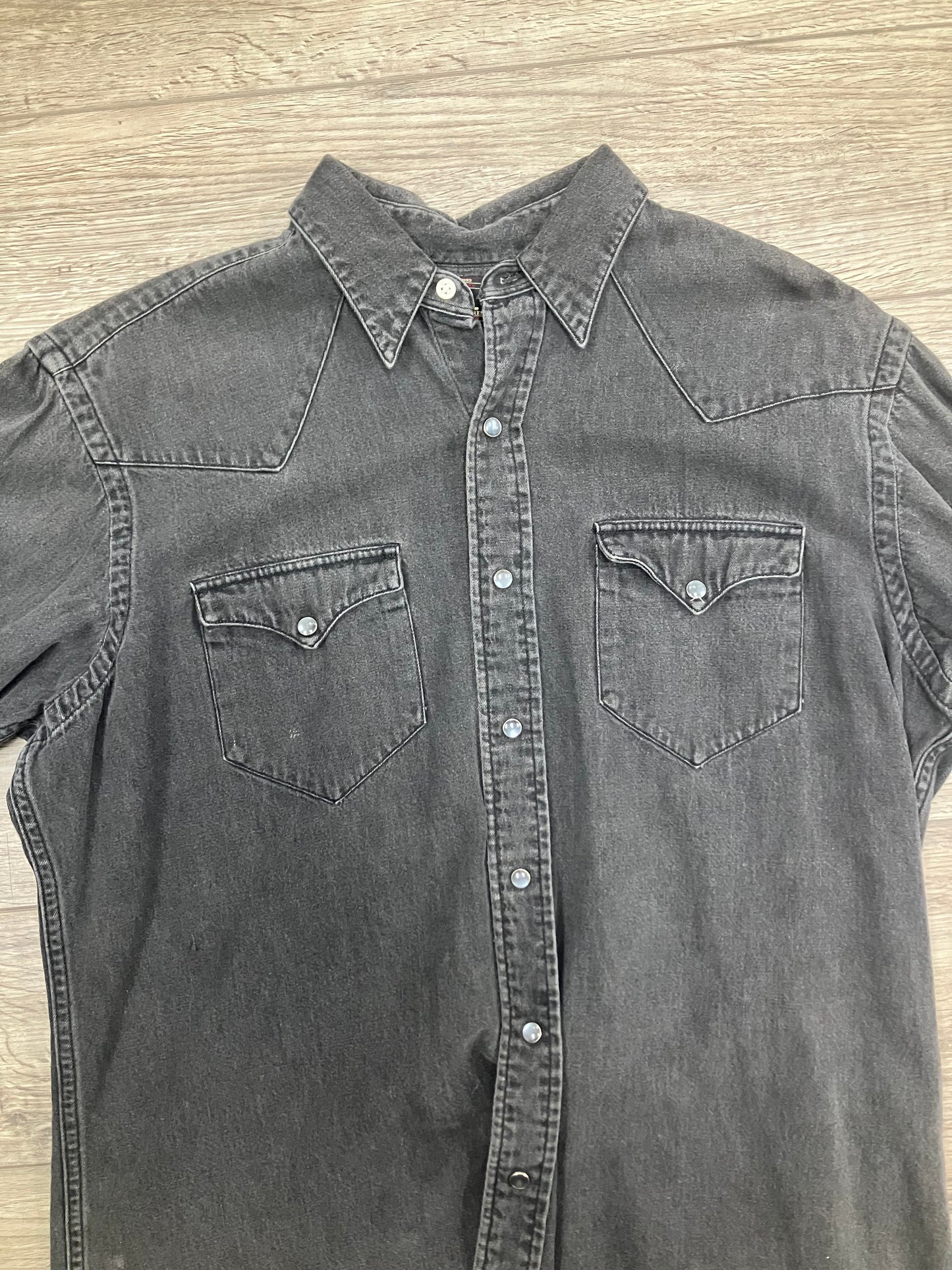 RRL Ralph Lauren Denim Shirt Large Pearl Snap Western Grey Black Long Sleeve Men N