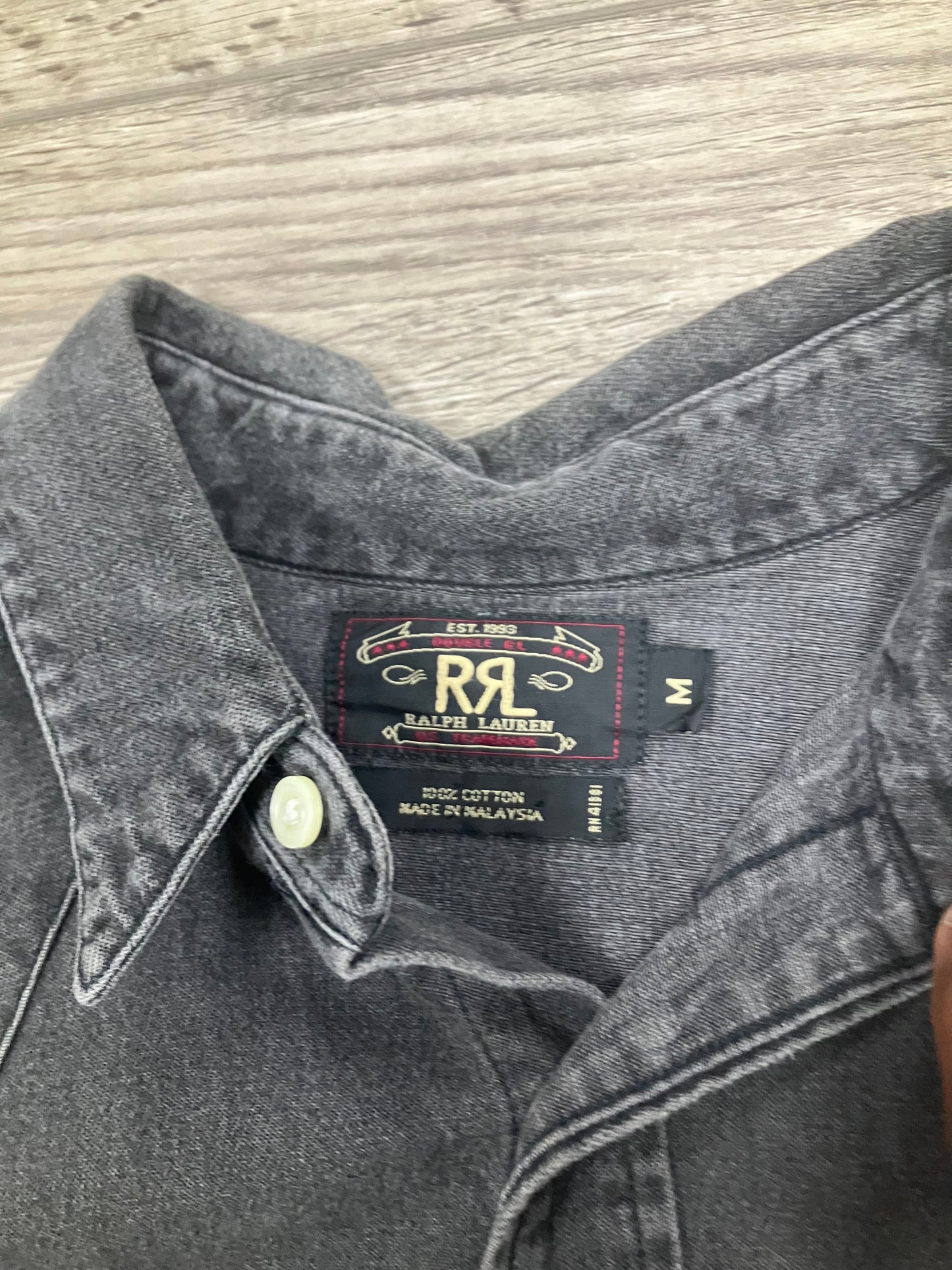 RRL Ralph Lauren Denim Shirt Large Pearl Snap Western Grey Black Long Sleeve Men N