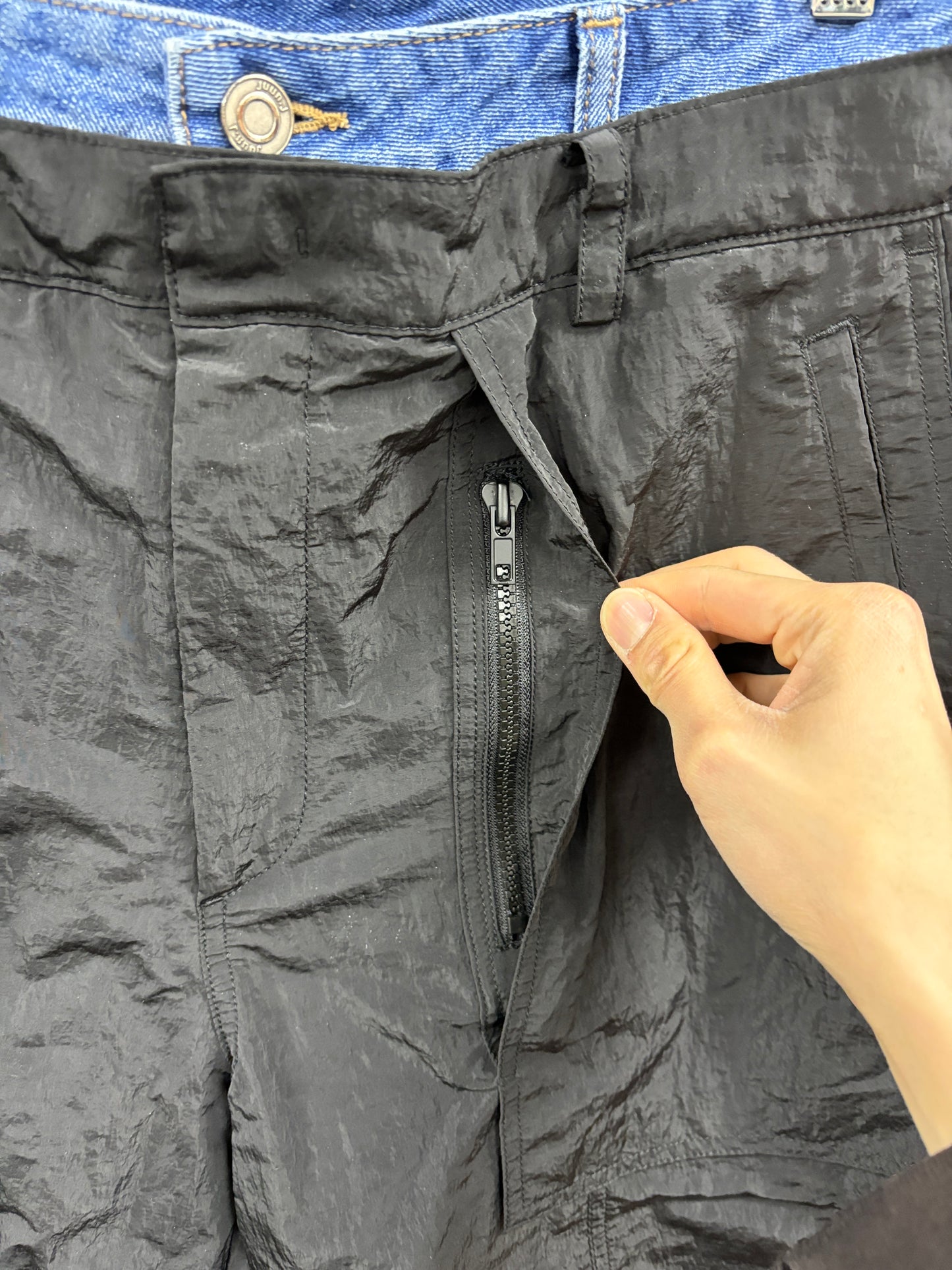Juun. j double layered denim nylon shorts