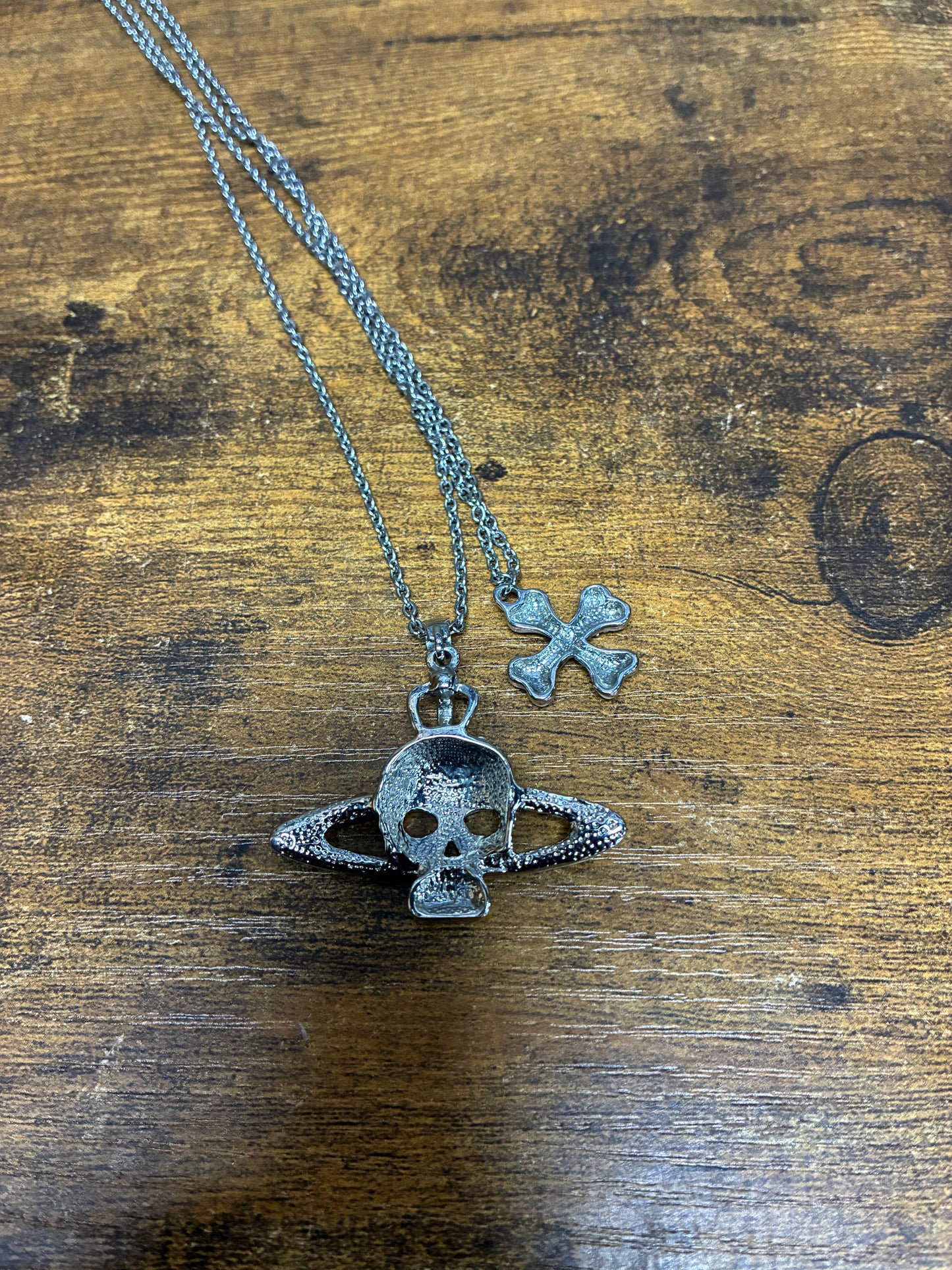 OS - Vivienne Westwood Crystal Skull Cross Double Chain Necklace