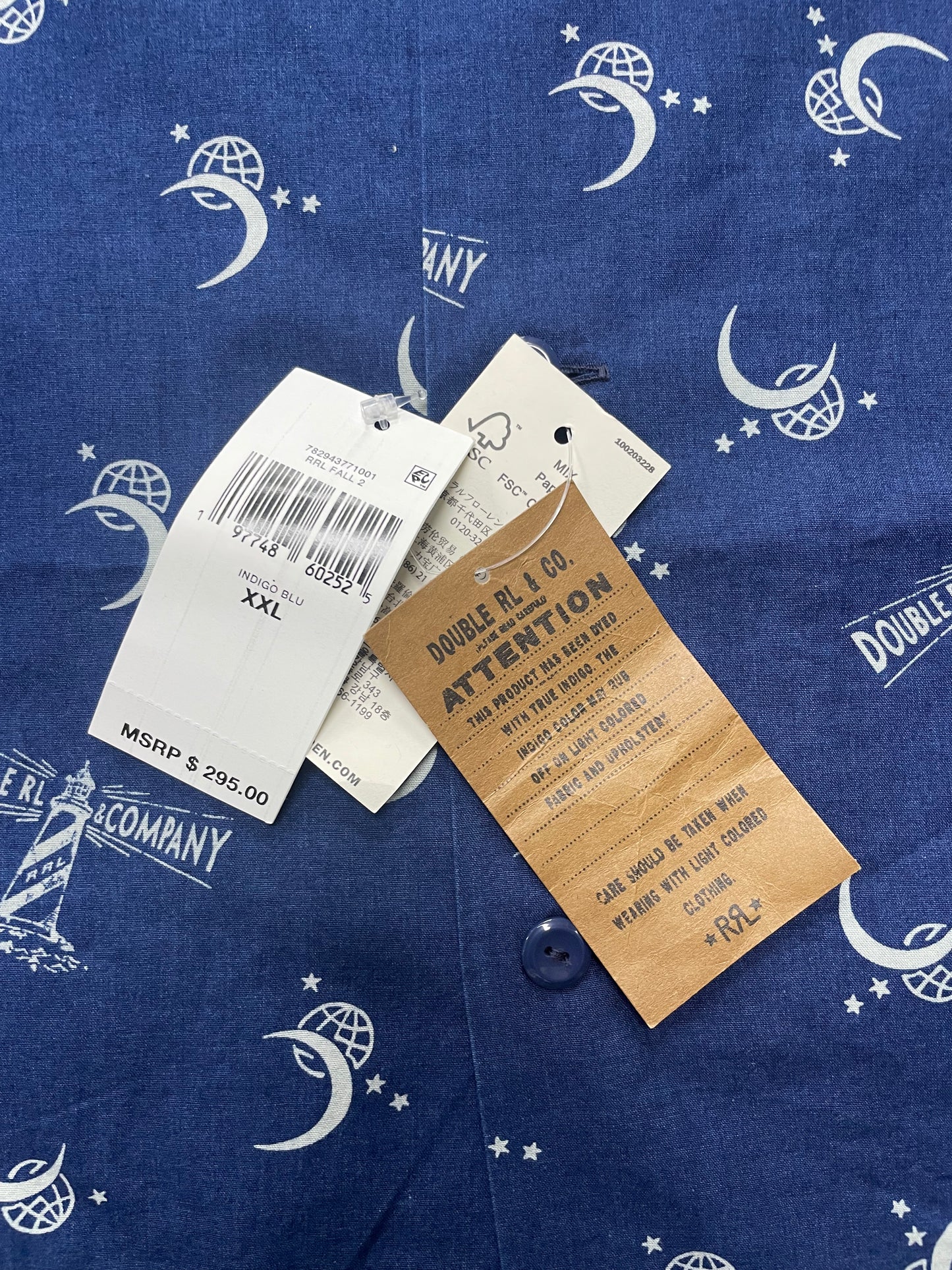 RRL Lighthouse Print Indigo Camp Shirt XXL