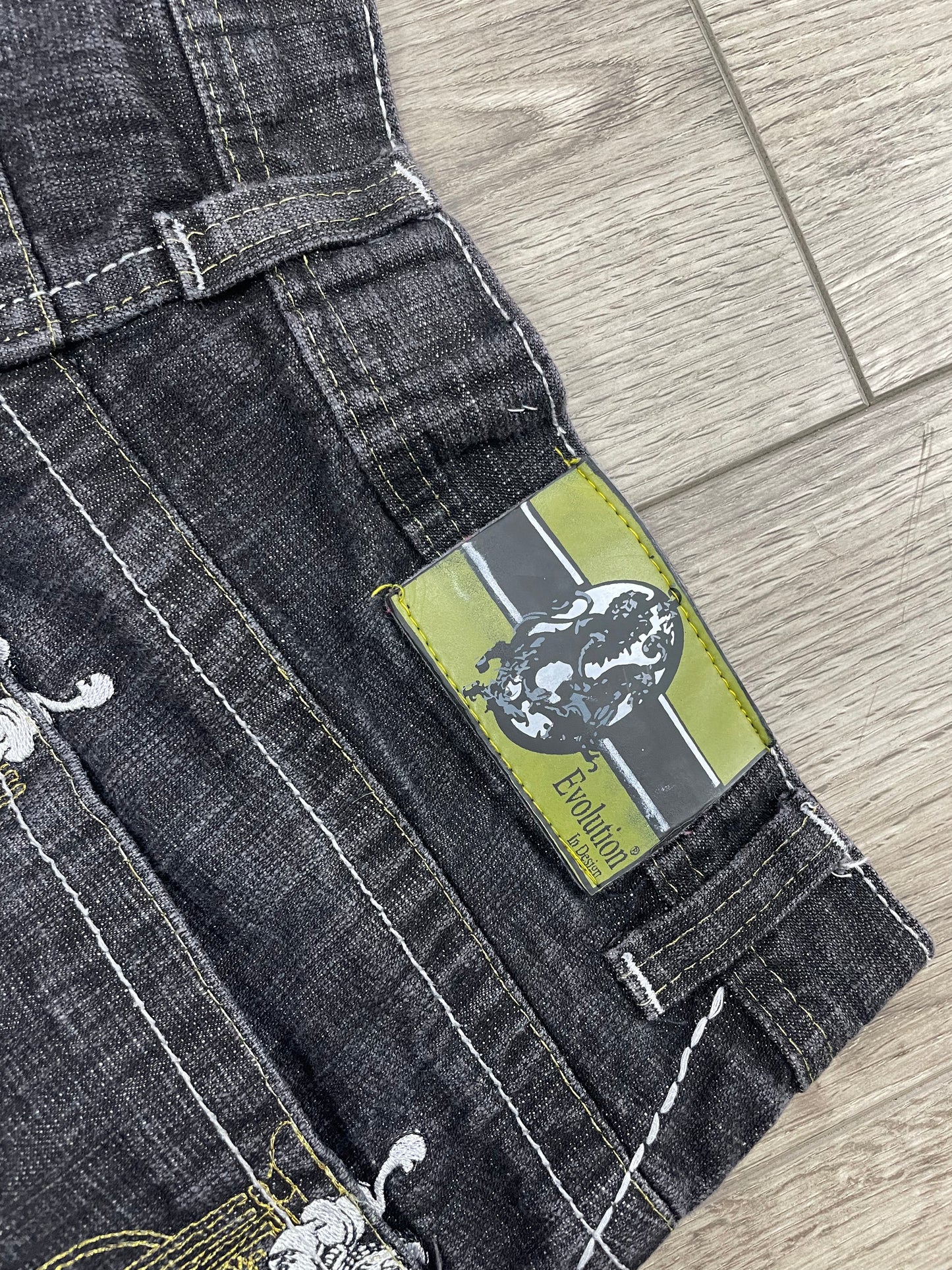 34 - Vintage Evolution Black Denim Gold Embroidered Shorts