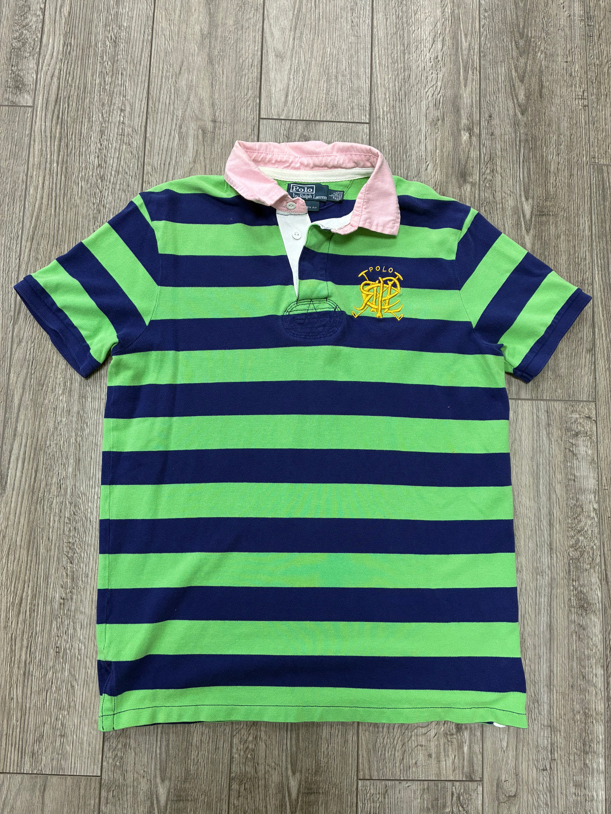 L - Polo Ralph Lauren Pink Collar Green Blue Striped shirt