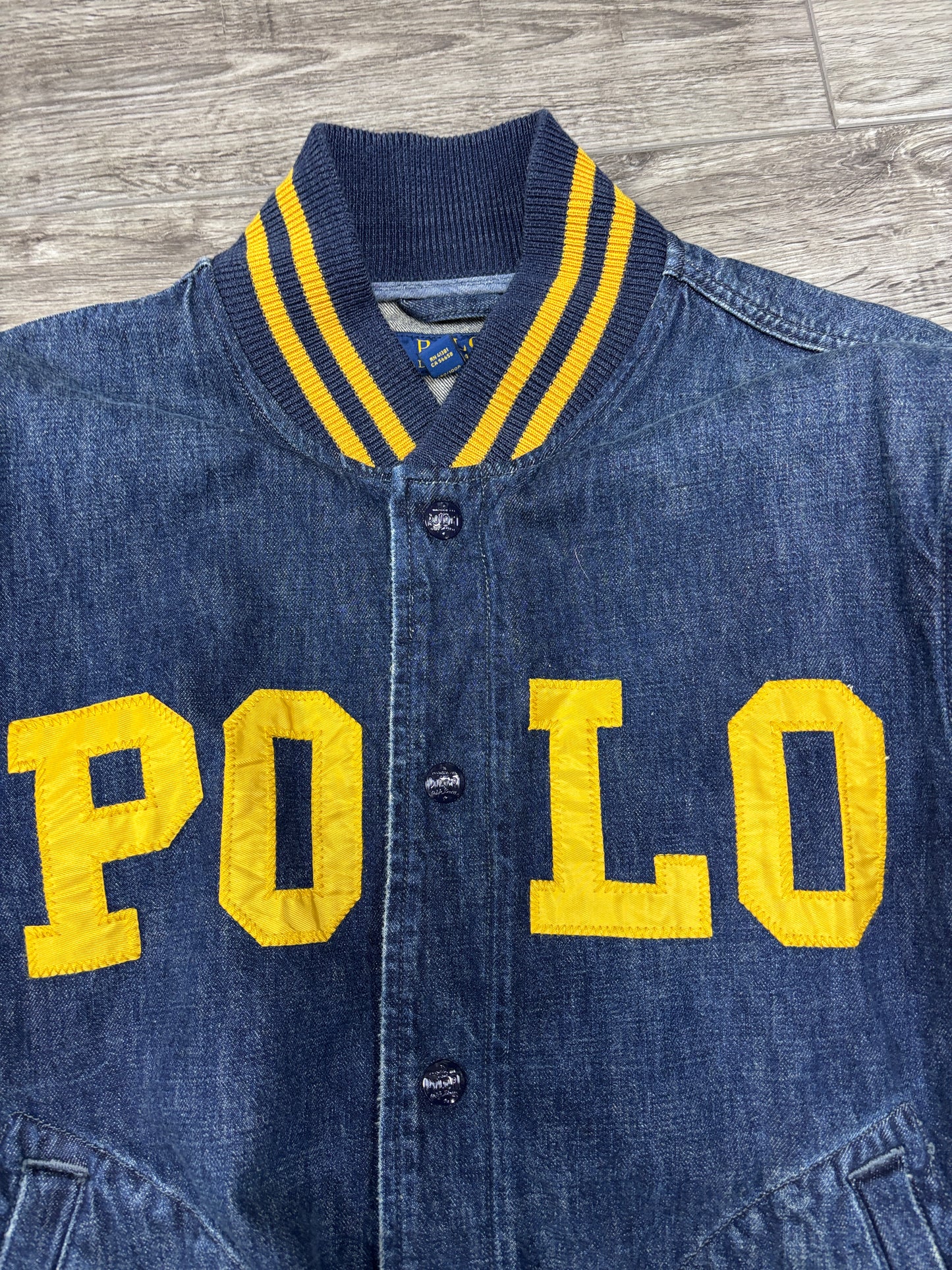 L- Polo Ralph Lauren Denim Letterman Spellout Baseball Varsity