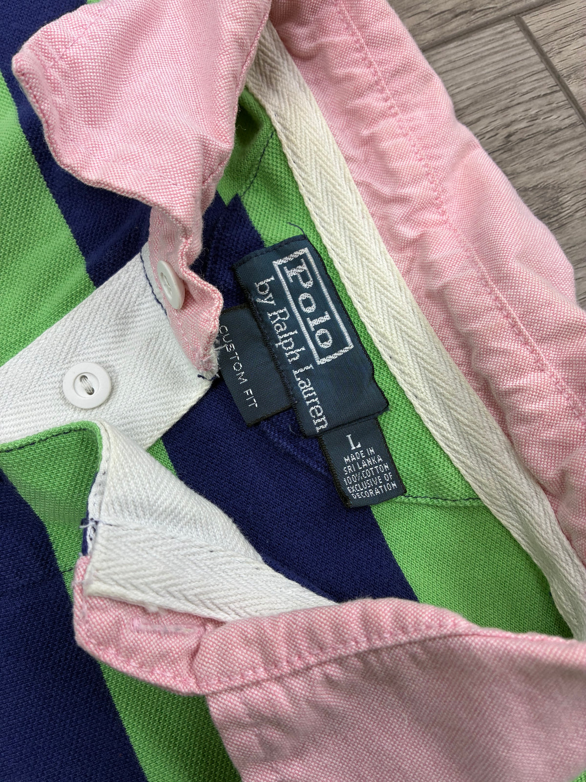 L - Polo Ralph Lauren Pink Collar Green Blue Striped shirt