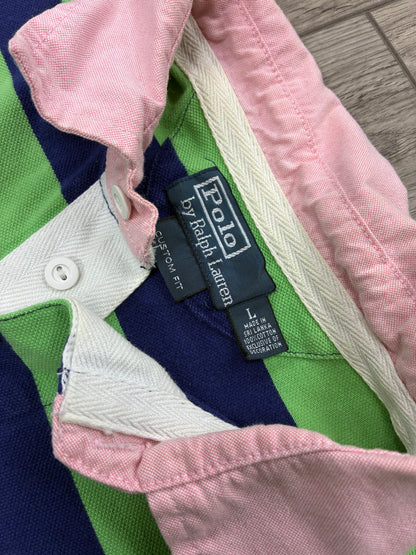 L - Polo Ralph Lauren Pink Collar Green Blue Striped shirt