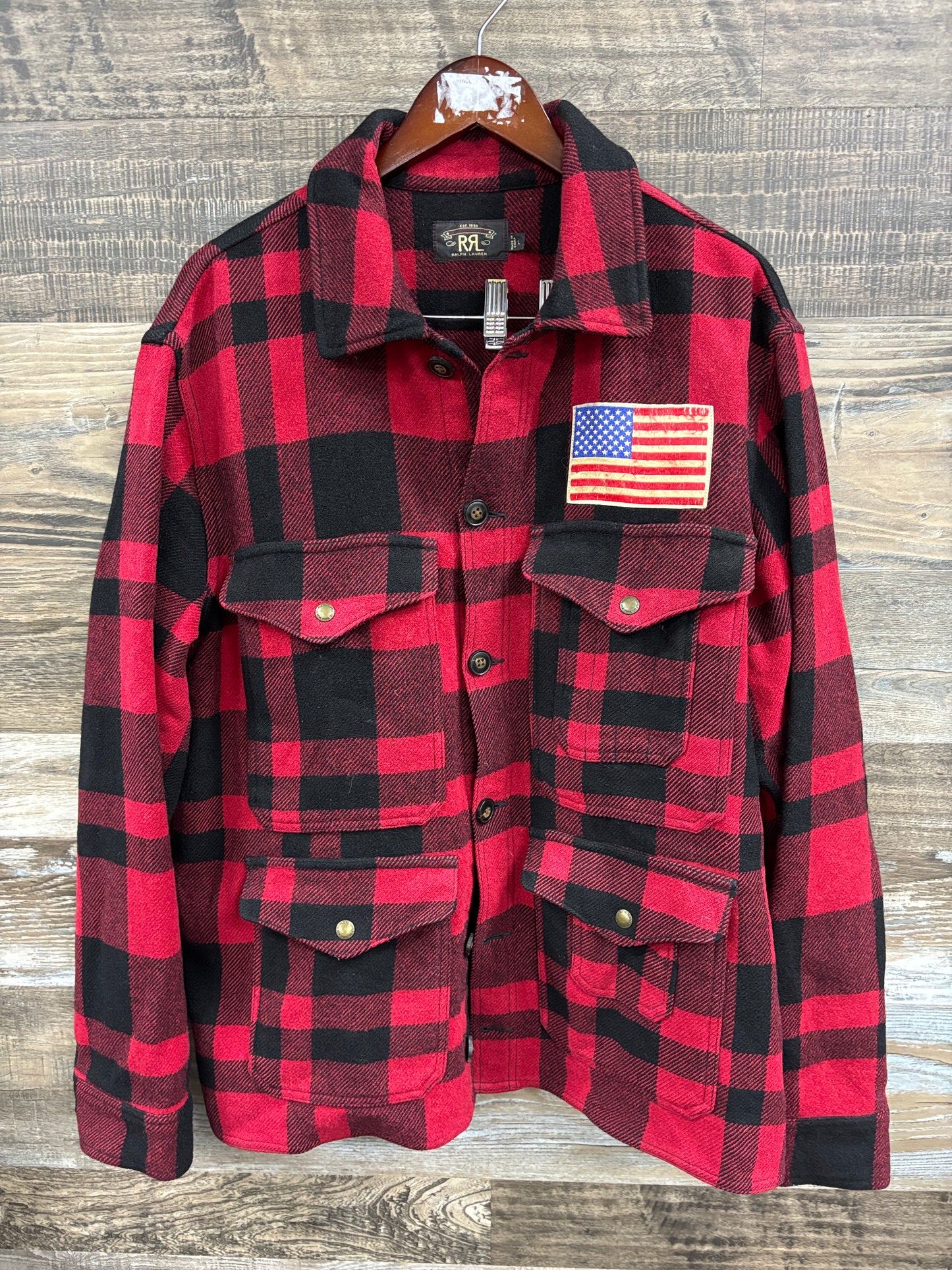 RRL plaid hunting jacket USA flag Large