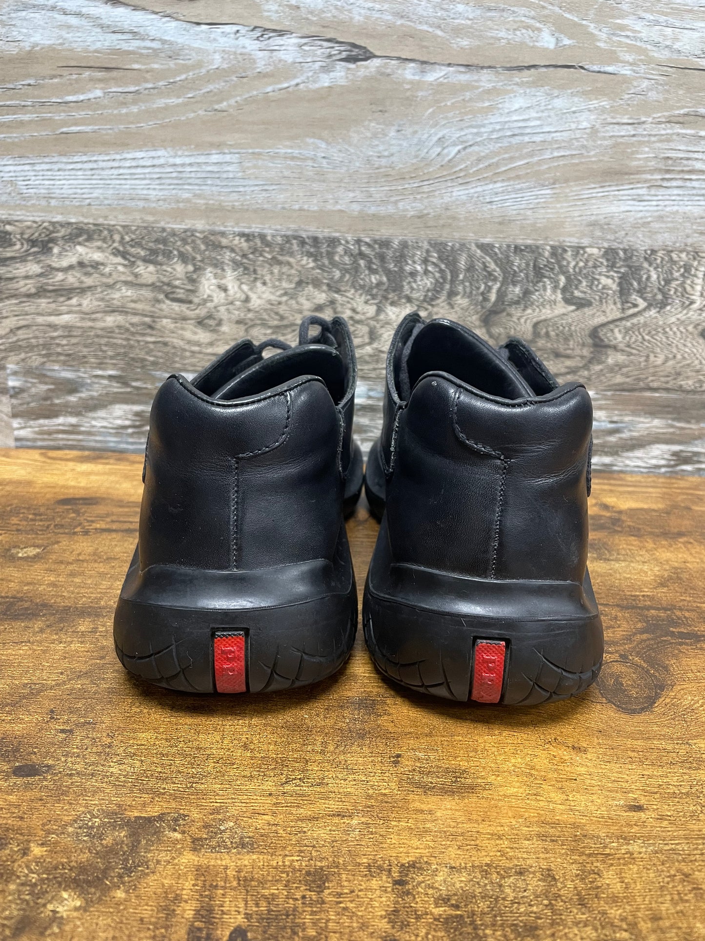 8.5 - vintage Prada AW99 black leather square-toe derby shoes