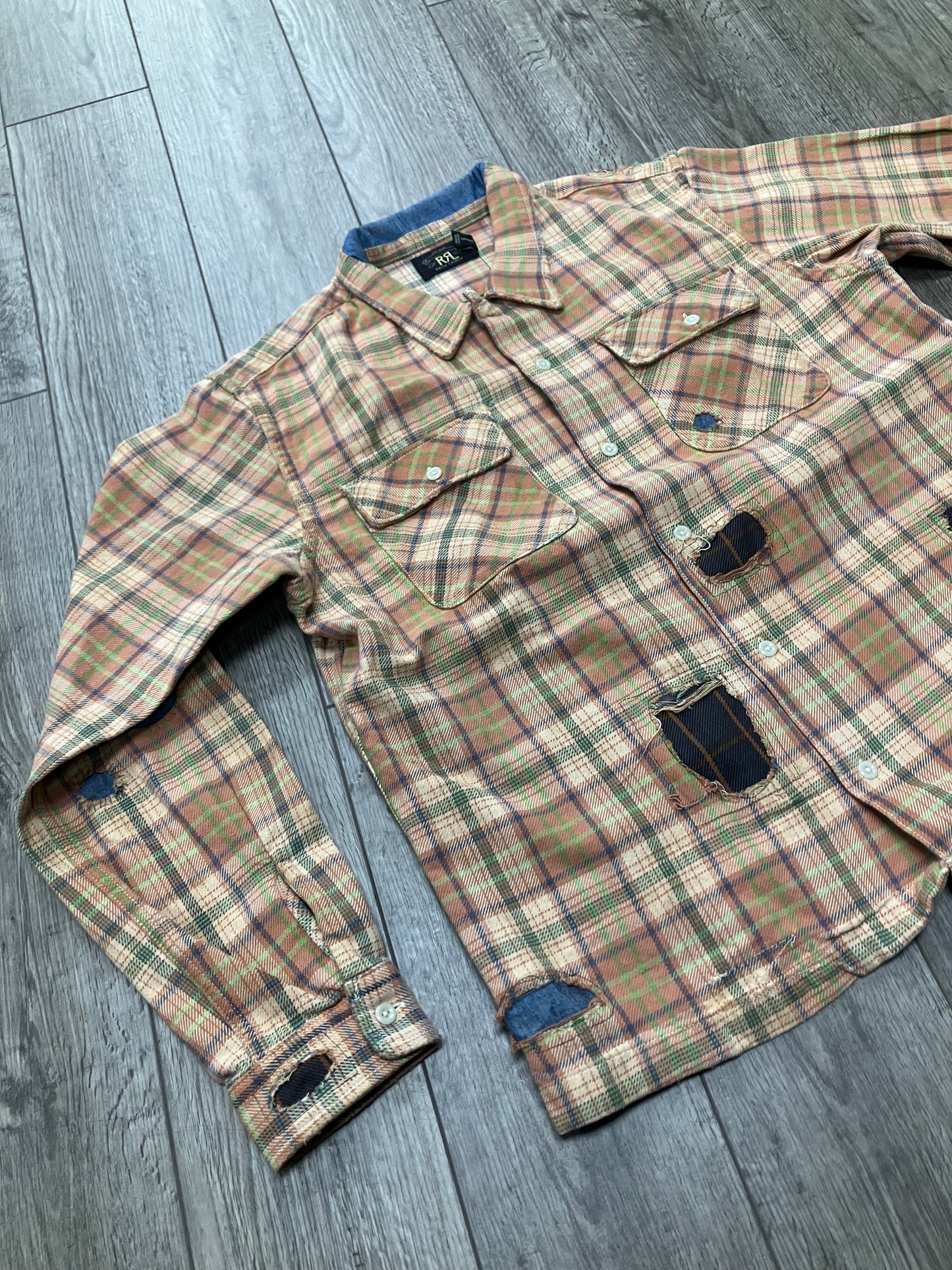 RRL REPAIRED PLAID TWILL CAMP SHIRT L