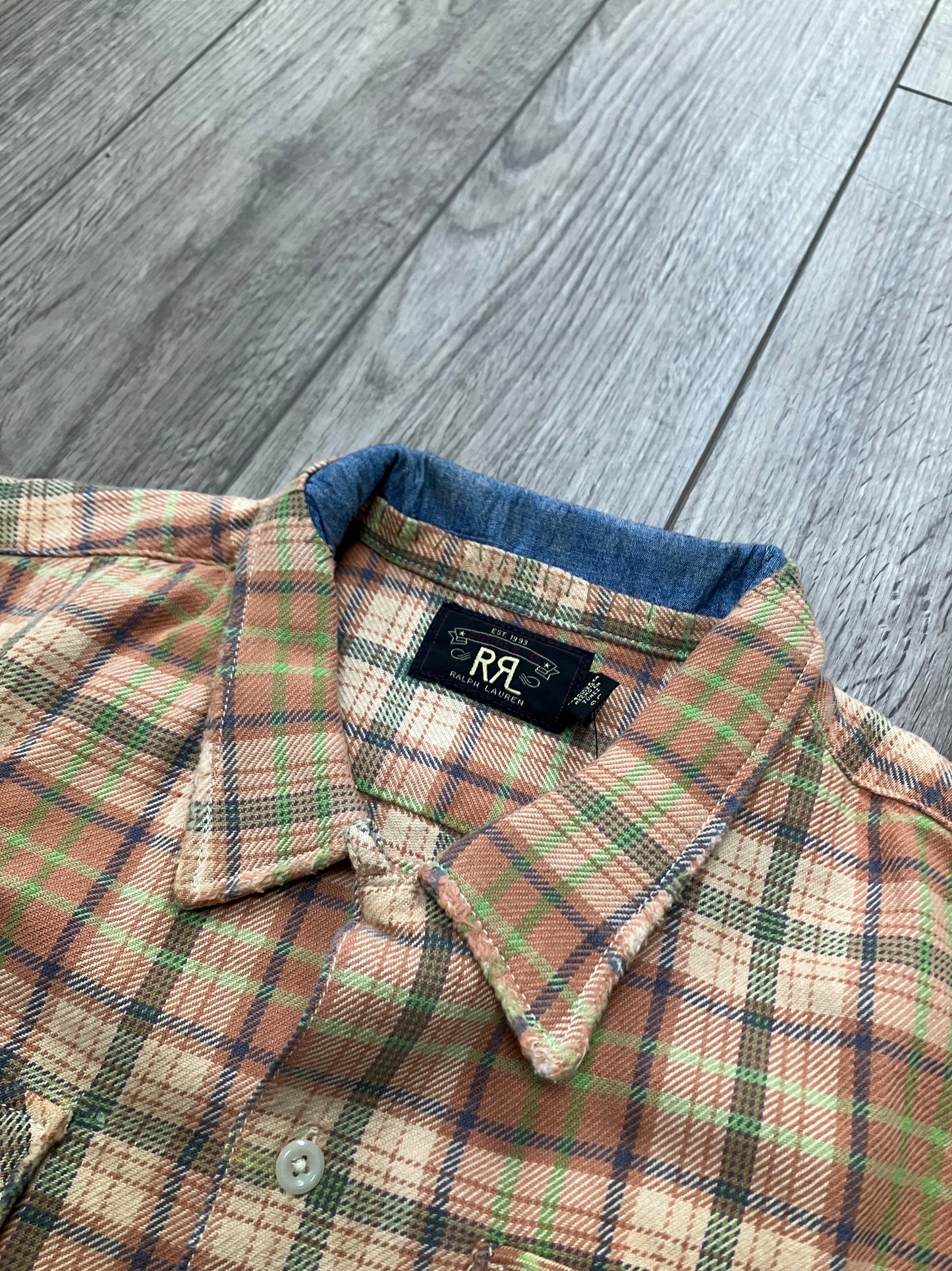 RRL REPAIRED PLAID TWILL CAMP SHIRT L