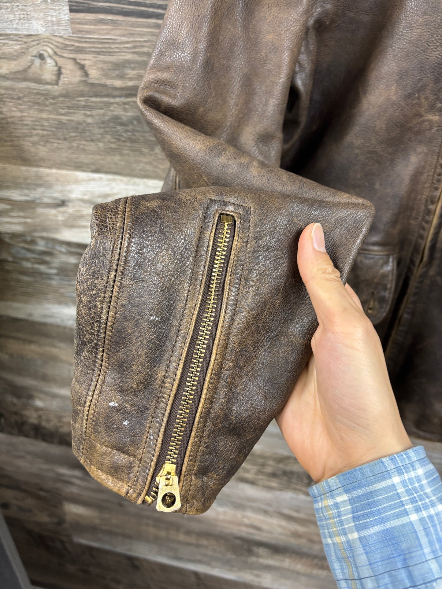 L-RRL LEATHER MOTO PLAID LINED JACKET