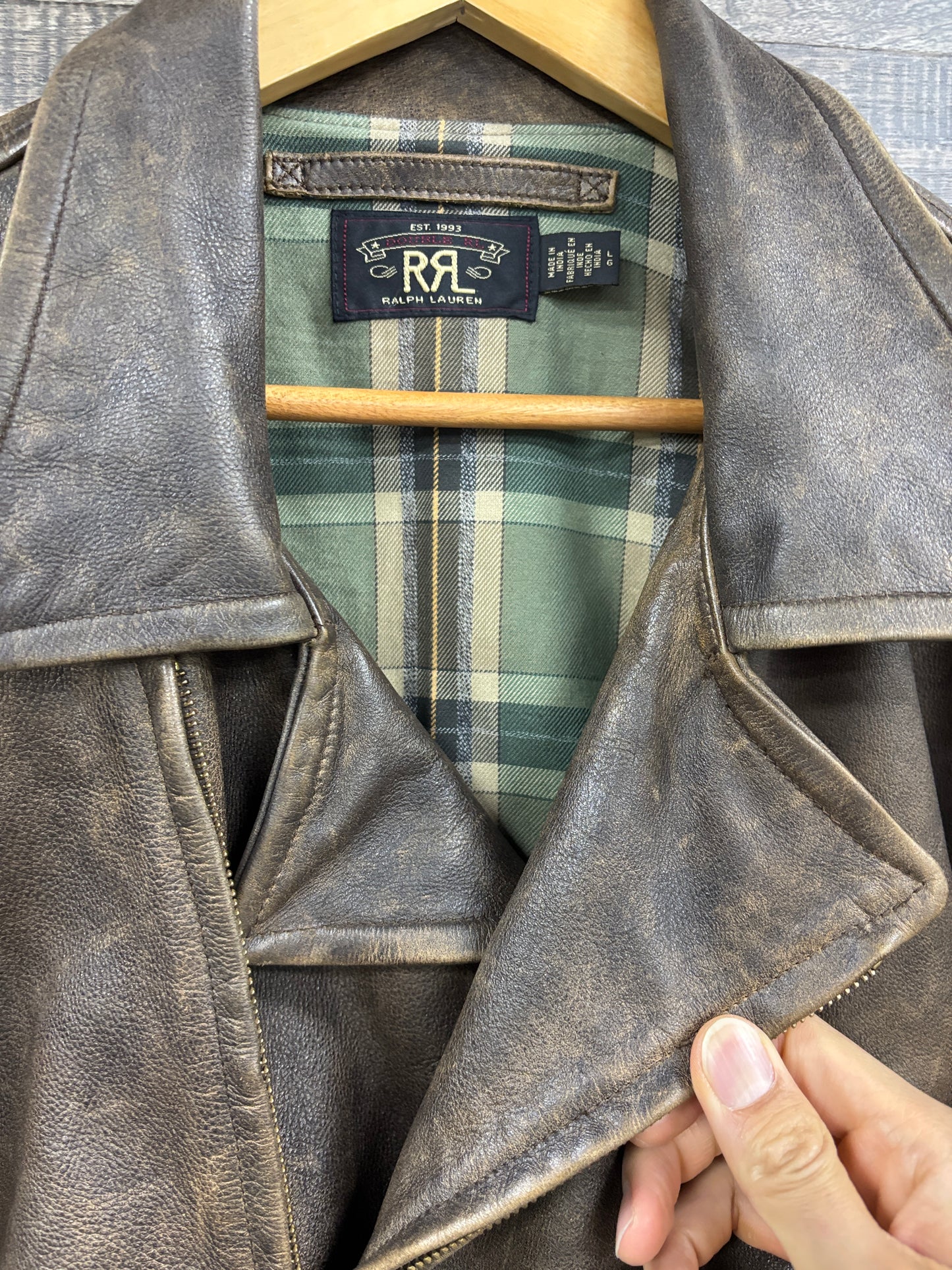 L-RRL LEATHER MOTO PLAID LINED JACKET
