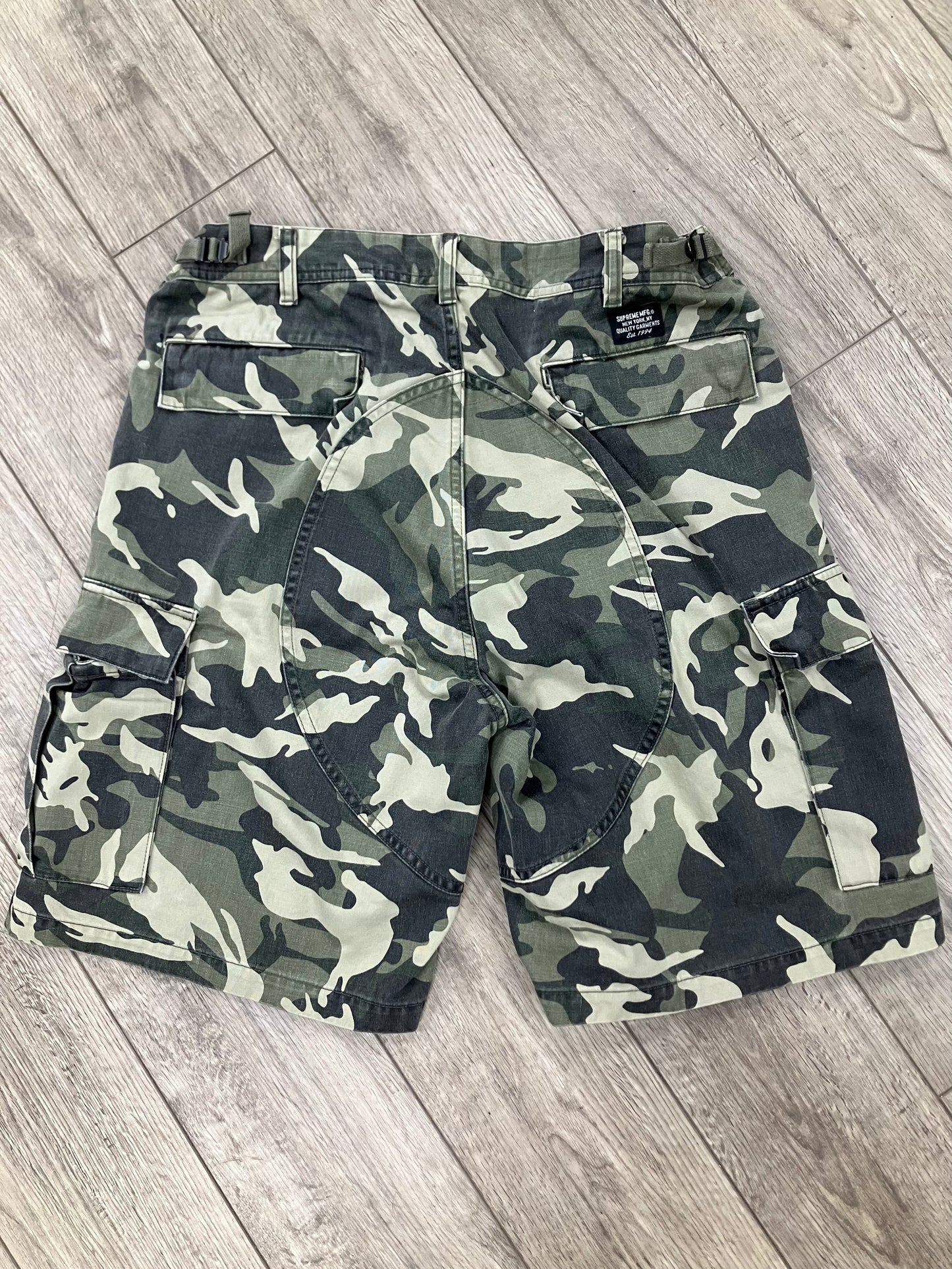 30-Supreme Olive Green Camo Cargo Shorts