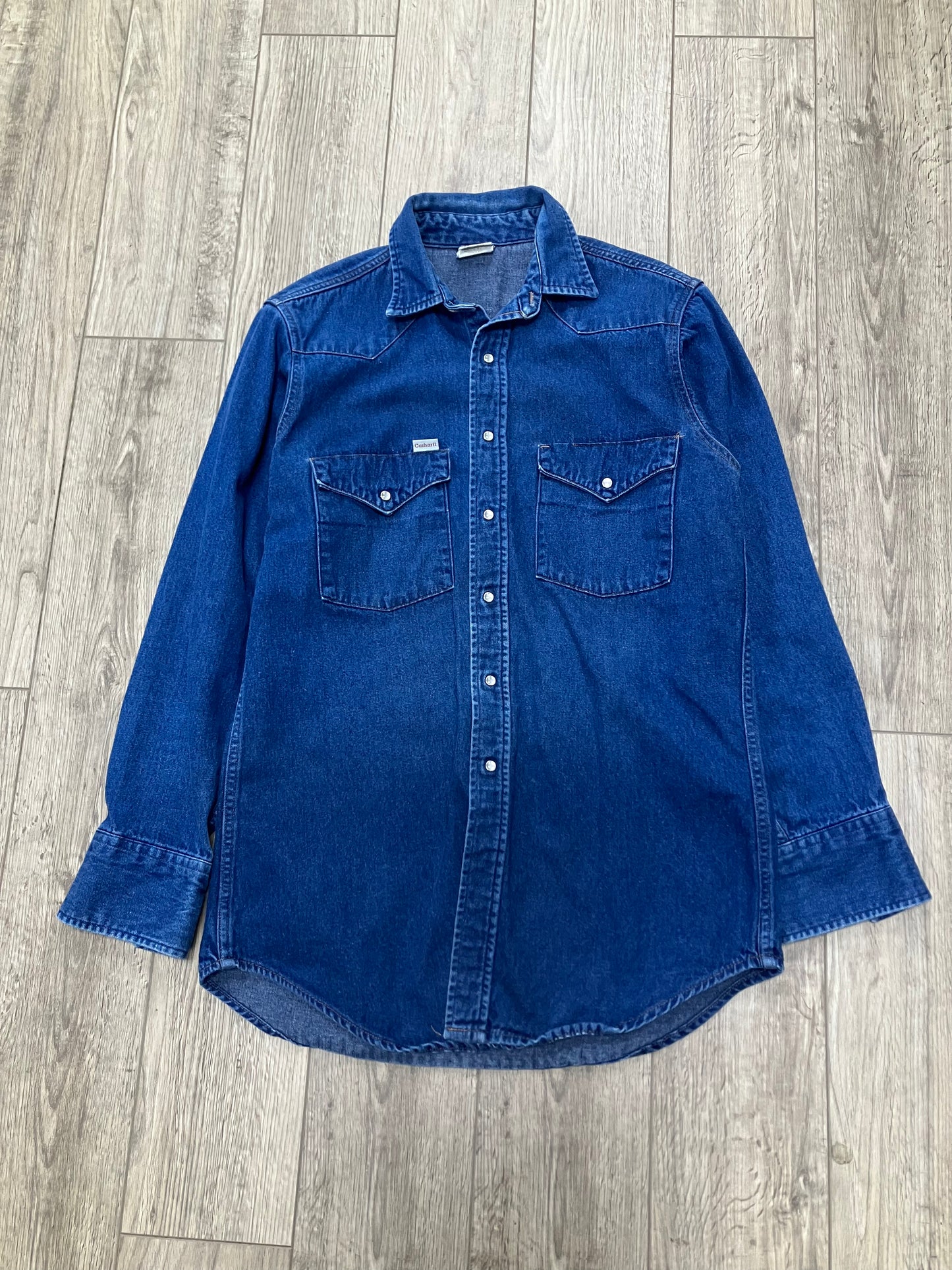 Vintage 90s Carhartt Denim Pearl Snap Shirt Rugged Outdoor Wear Blue Size Medium