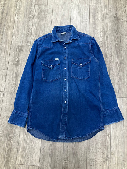 Vintage 90s Carhartt Denim Pearl Snap Shirt Rugged Outdoor Wear Blue Size Medium
