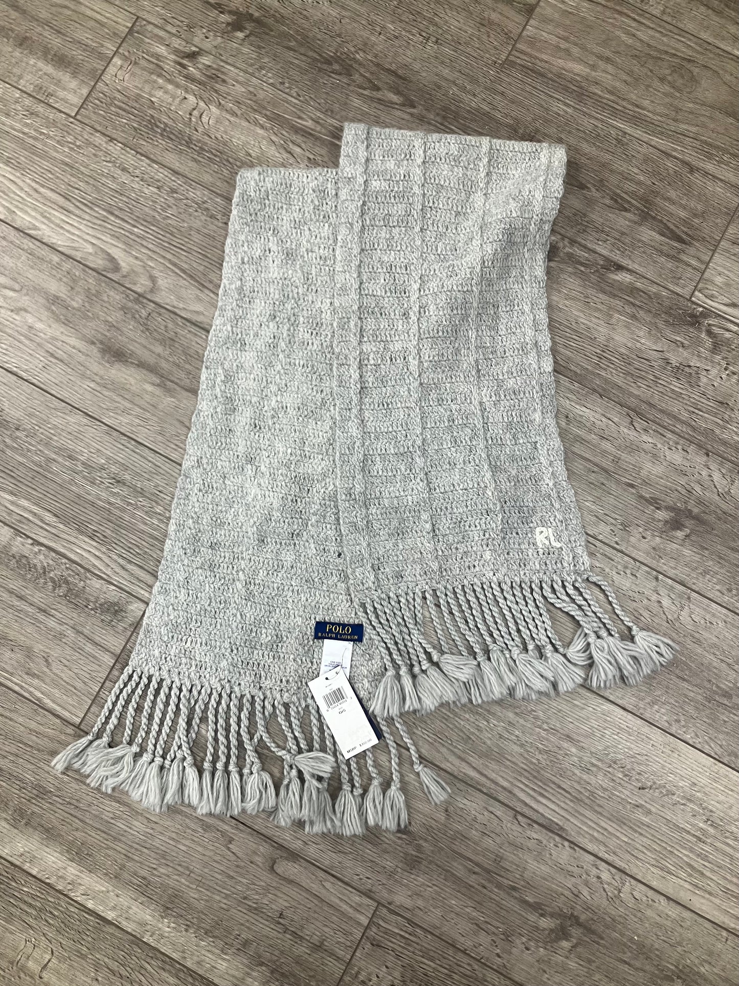 OS-Polo Ralph Lauren Cashmere Grey Knit Fringe Scarf