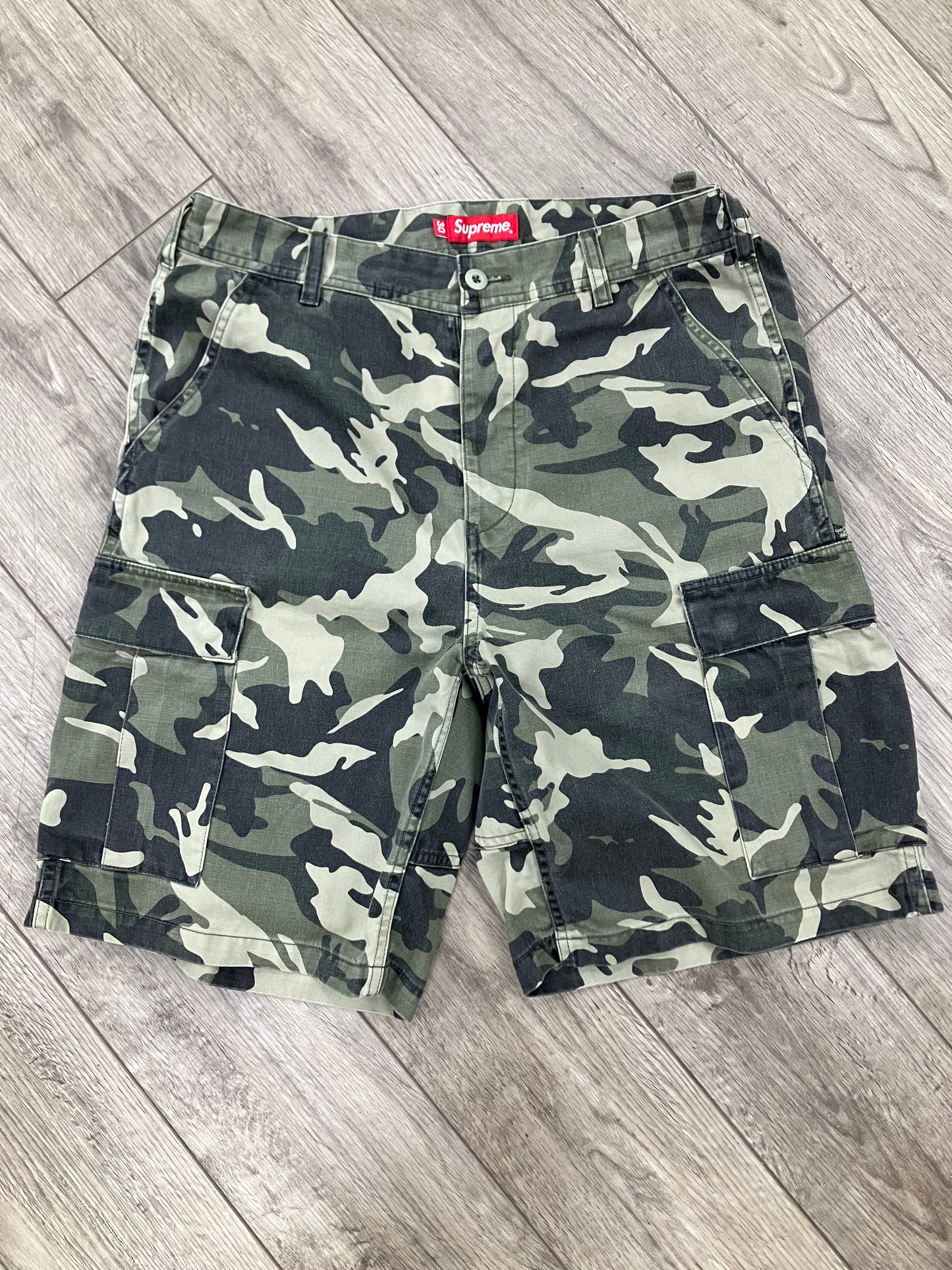 30-Supreme Olive Green Camo Cargo Shorts