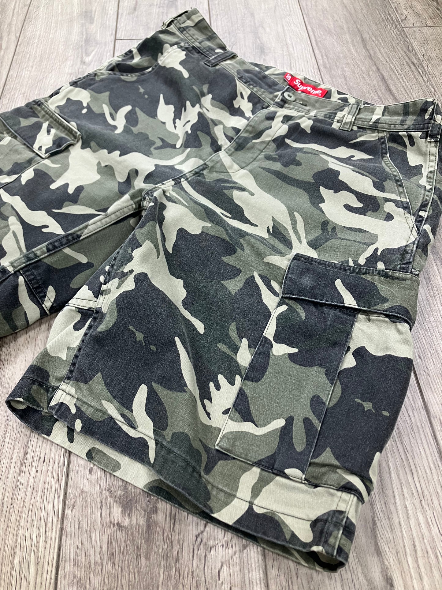 30-Supreme Olive Green Camo Cargo Shorts