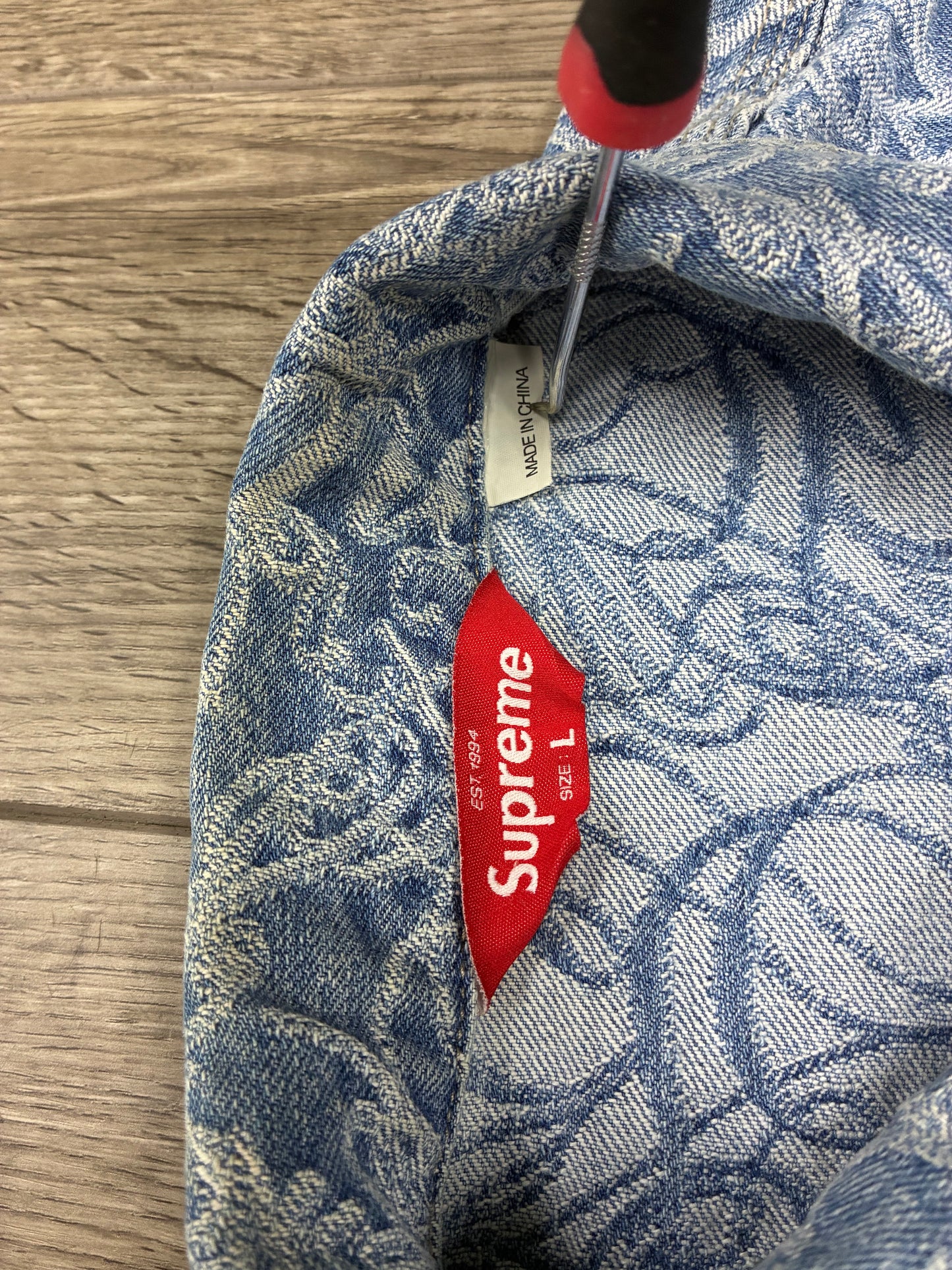 L - Supreme Script Jacquard Denim Trucker Jacket