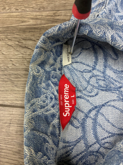 L - Supreme Script Jacquard Denim Trucker Jacket