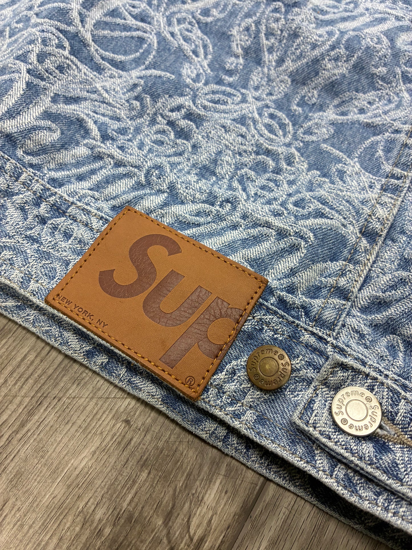 L - Supreme Script Jacquard Denim Trucker Jacket