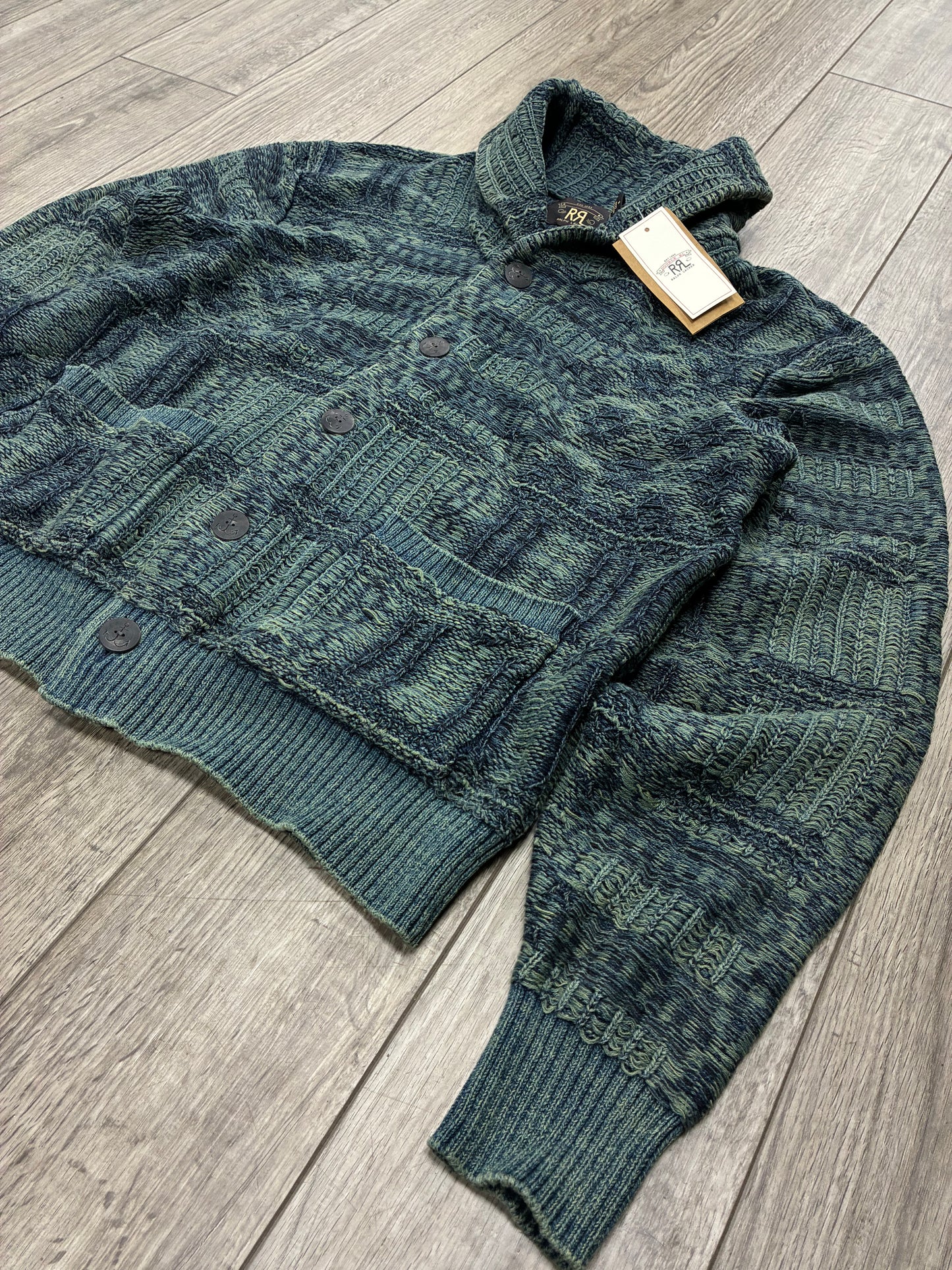 M - RRL Indigo-Dyed Jacquard knit Shawl Collar Cardigan