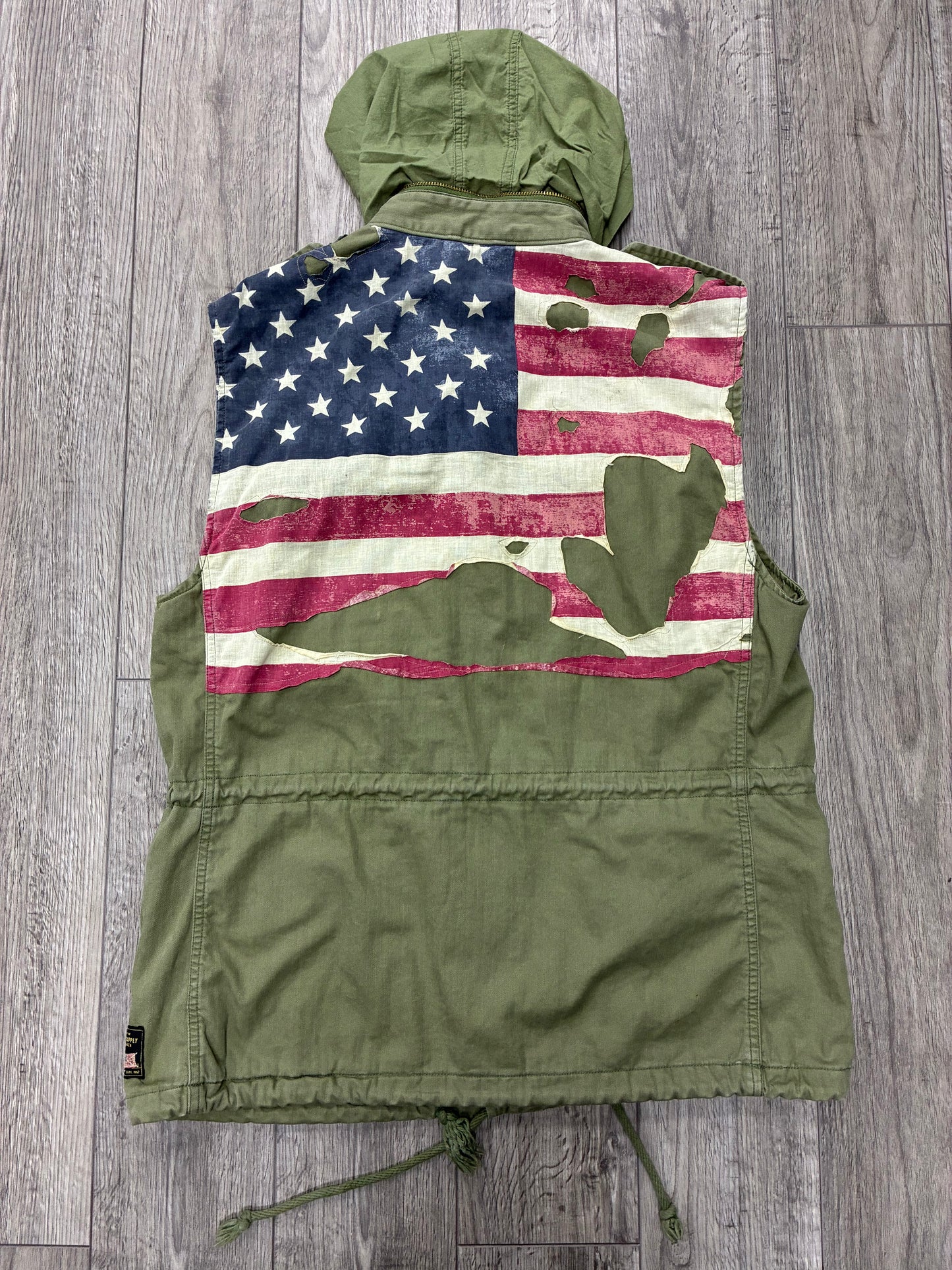 L - Denim & Supply Ralph Lauren USA Flag Olive Green Cargo Vest