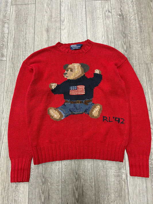 M - Vintage Polo Ralph Lauren Red “Take A Seat” Bear Knit Sweater