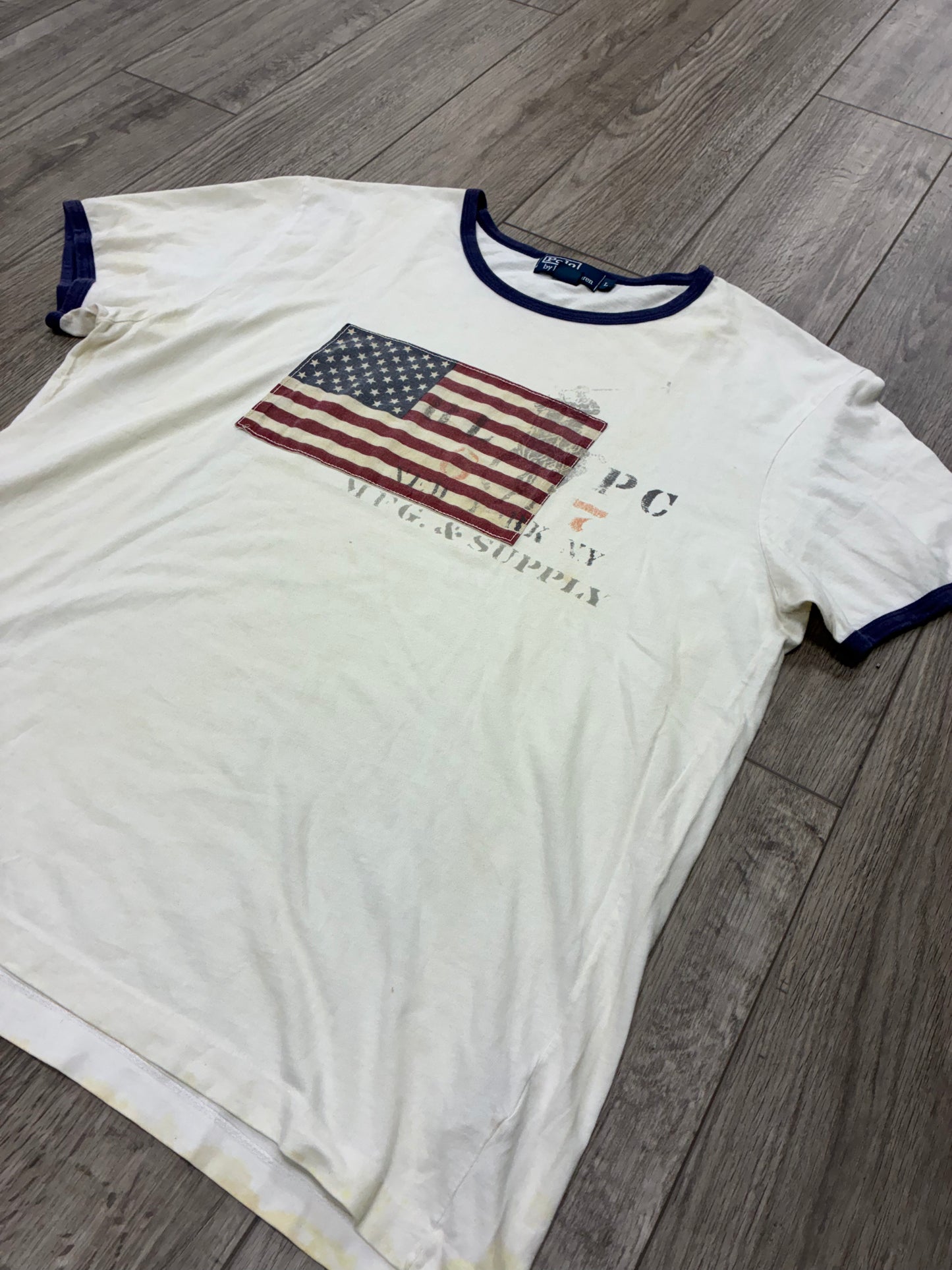 L - Vintage Polo Ralph Lauren NY spell out Flag Ringer Shirt