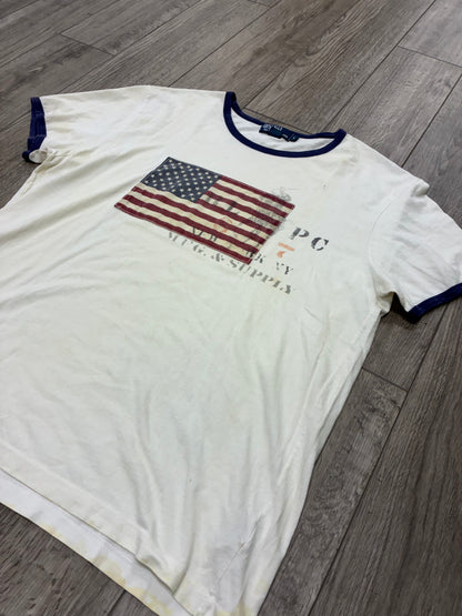 L - Vintage Polo Ralph Lauren NY spell out Flag Ringer Shirt