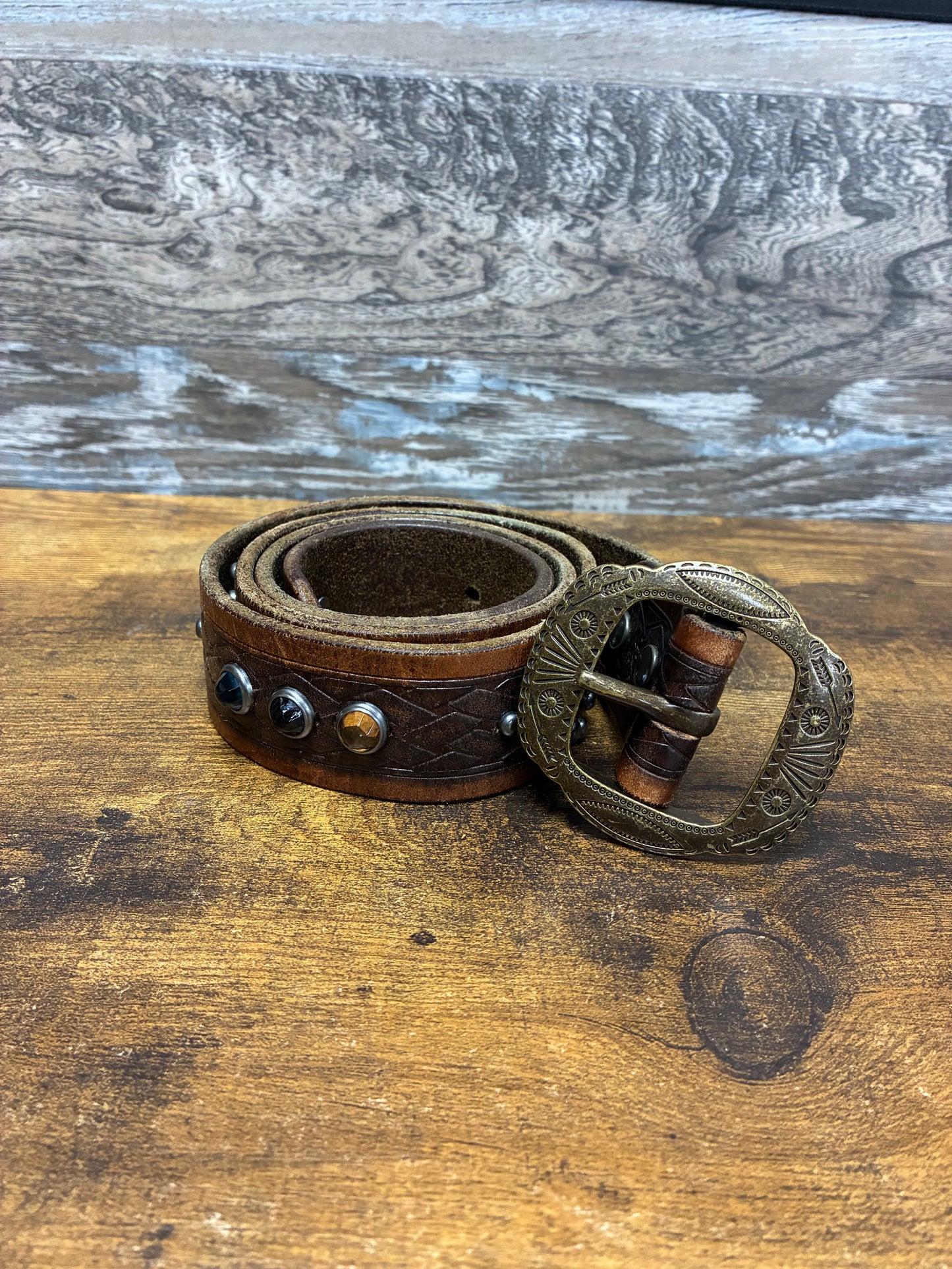 32 - Double RL (RRL) Western Brown Leather Studded Belt