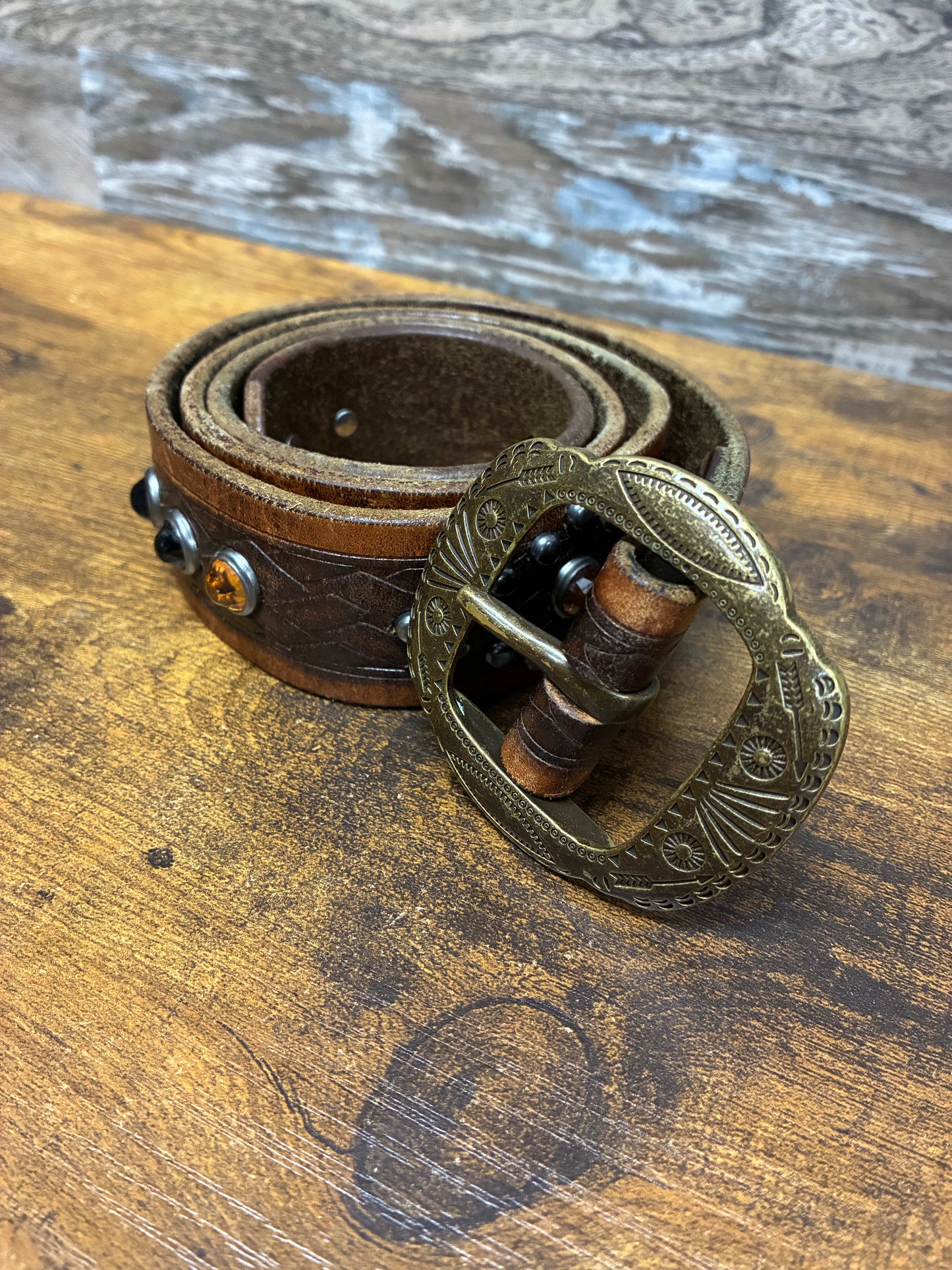 32 - Double RL (RRL) Western Brown Leather Studded Belt