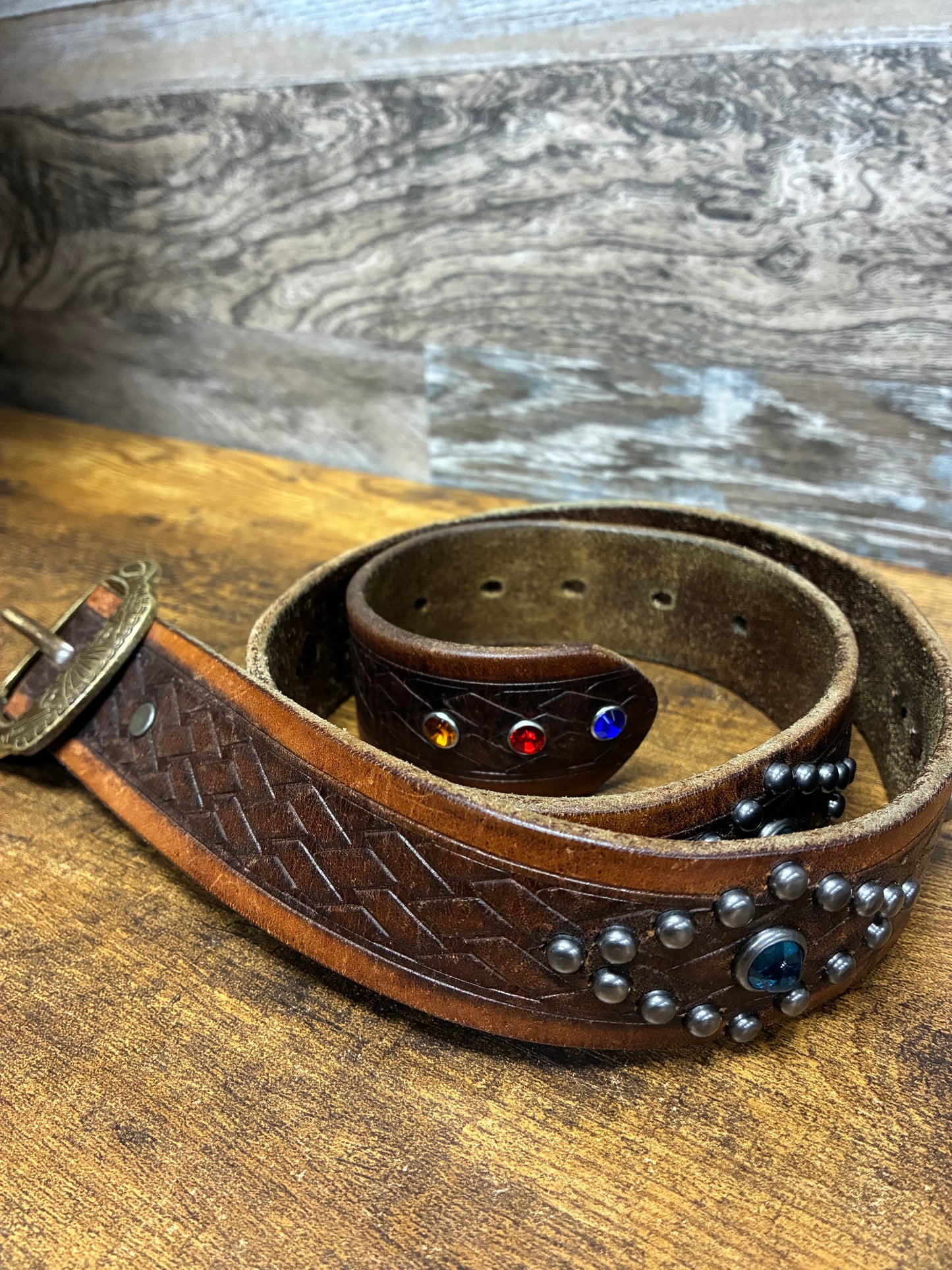 32 - Double RL (RRL) Western Brown Leather Studded Belt