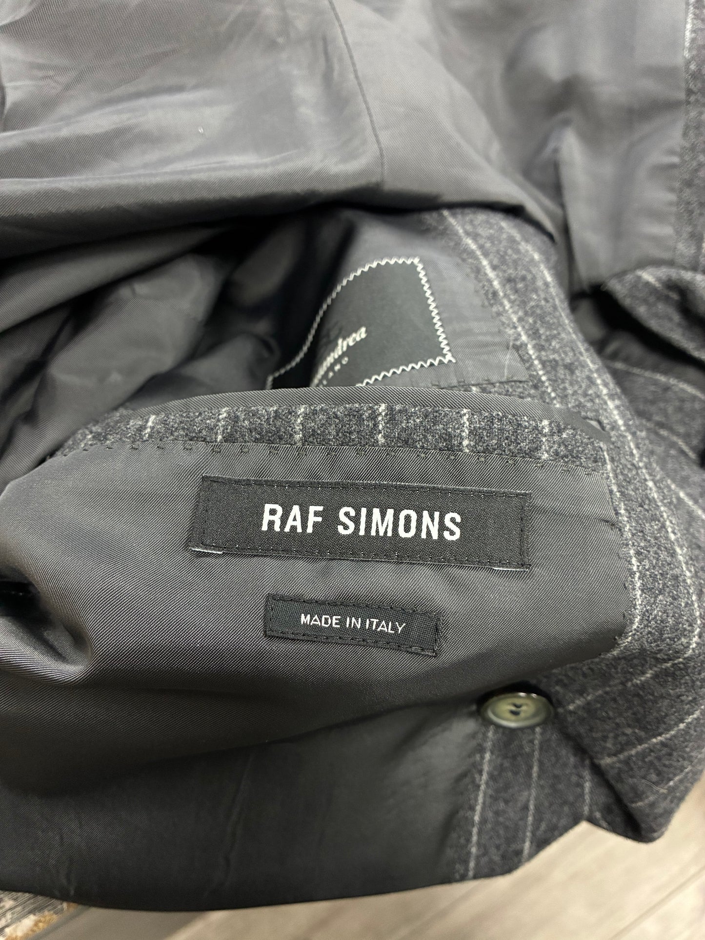41R - Raf Simons Double-Breasted Wool-Blend Pinstripe Blazer