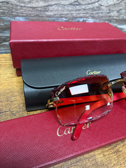Cartier Rimless Diamond-Cut Red Buffalo Horn Big C Décor Sunglasses