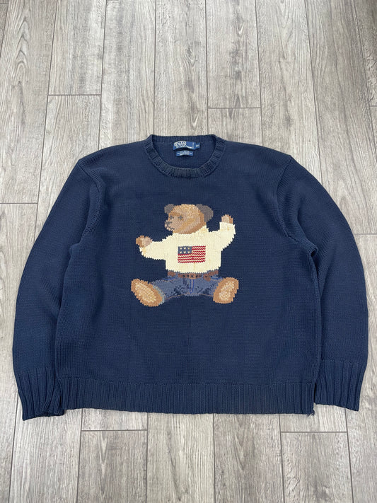 XXL-Vintage Polo Ralph Lauren Hand-Knit Navy Flag Bear Sweater