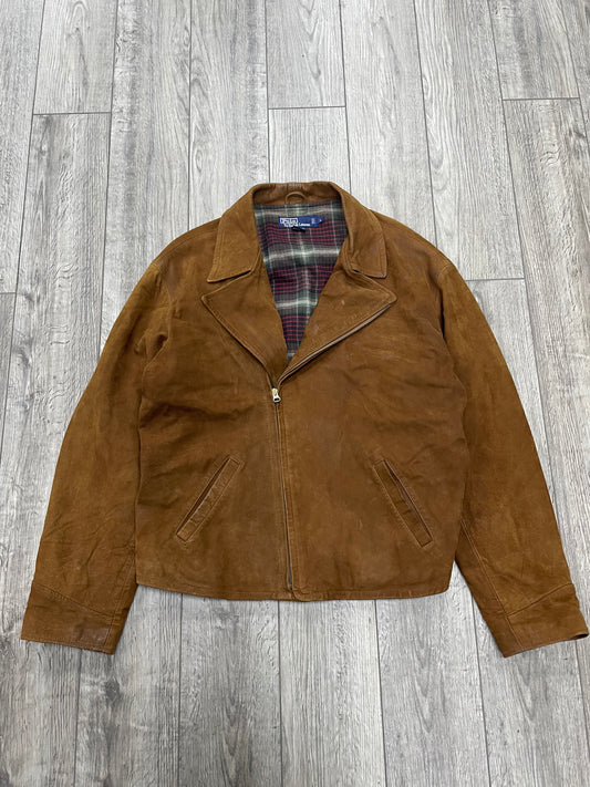 L-Vintage Polo Ralph Lauren Plaid-Lined Brown Suede Moto Jacket