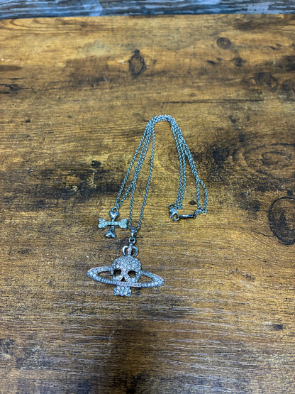 OS - Vivienne Westwood Crystal Skull Cross Double Chain Necklace
