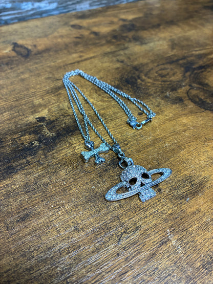 OS - Vivienne Westwood Crystal Skull Cross Double Chain Necklace