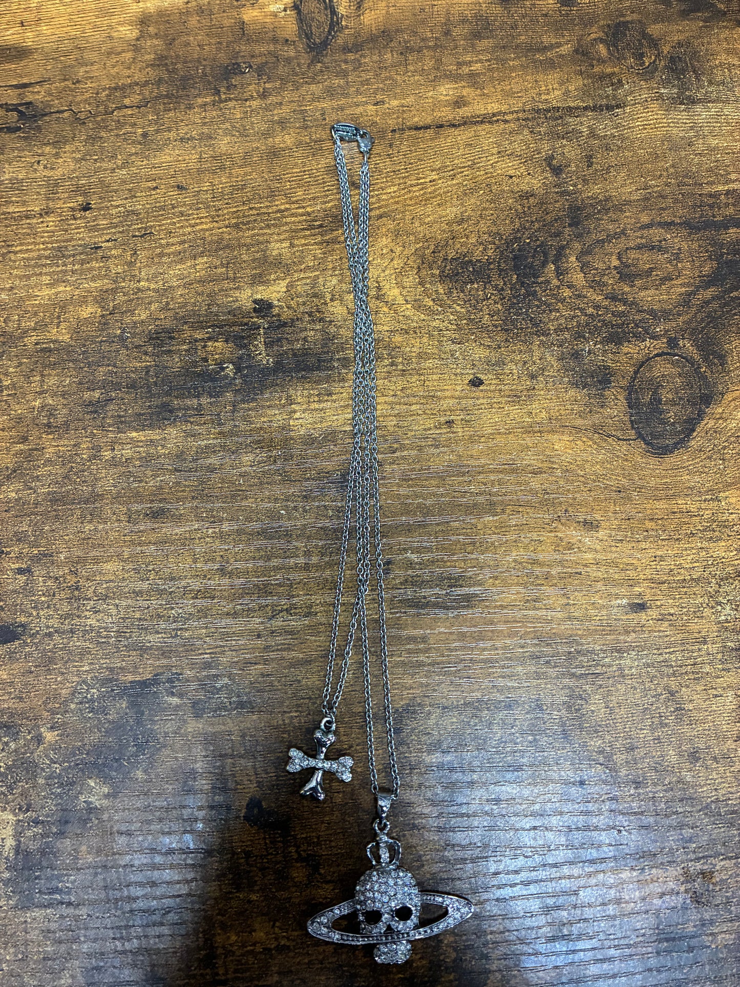 OS - Vivienne Westwood Crystal Skull Cross Double Chain Necklace