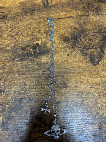 OS - Vivienne Westwood Crystal Skull Cross Double Chain Necklace