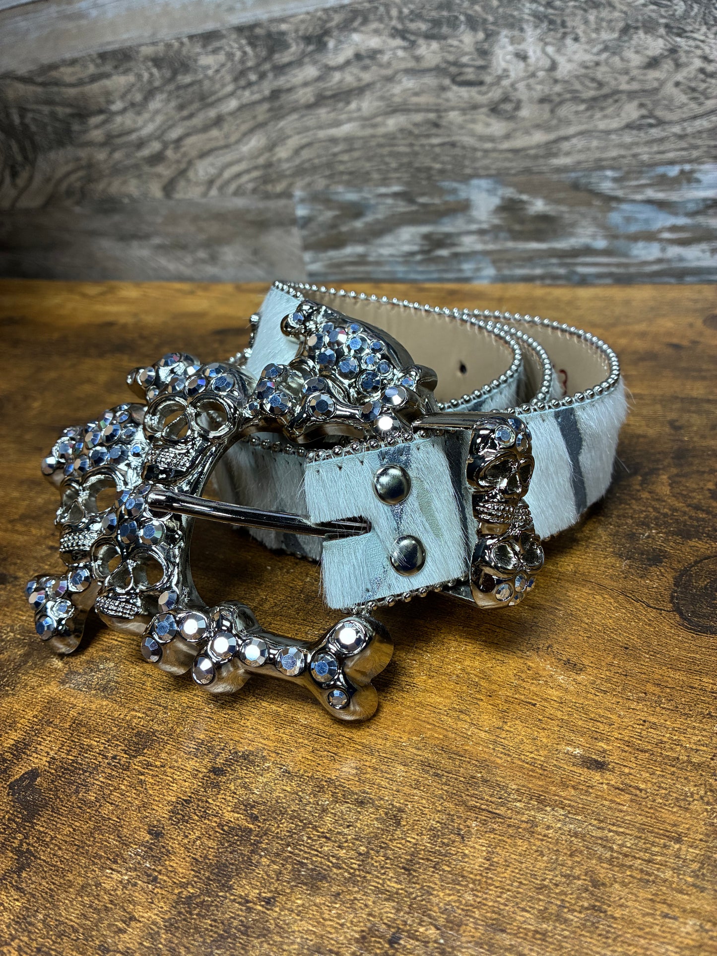 34 - B.B. Simon Acid Wash Tiger Stripe Skull Pile Belt