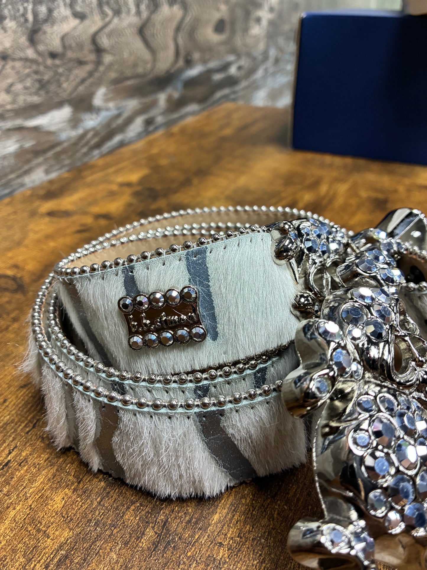 34 - B.B. Simon Acid Wash Tiger Stripe Skull Pile Belt