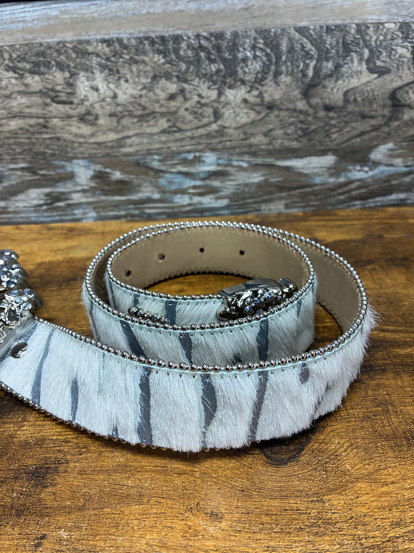 34 - B.B. Simon Acid Wash Tiger Stripe Skull Pile Belt