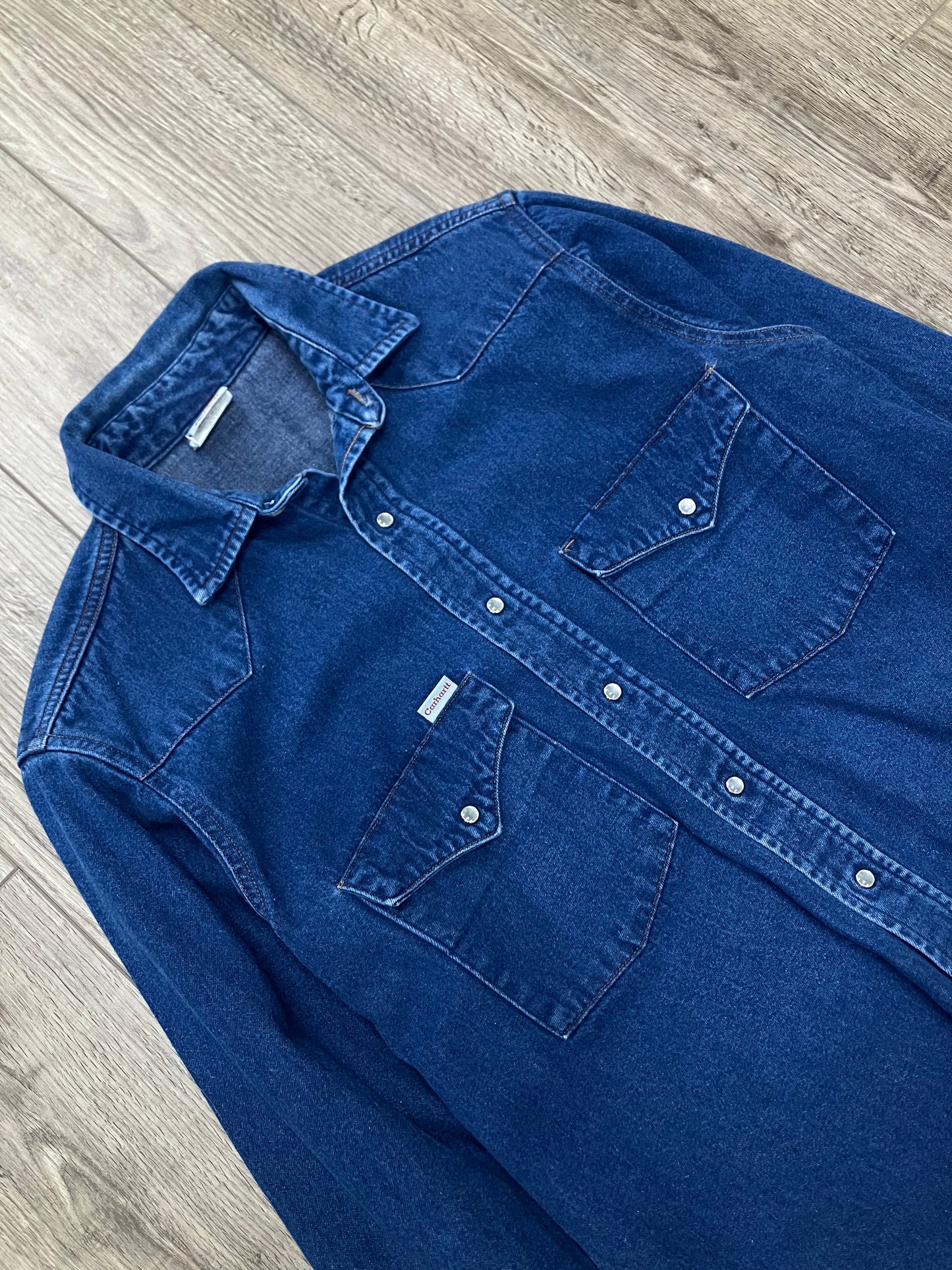 Vintage 90s Carhartt Denim Pearl Snap Shirt Rugged Outdoor Wear Blue Size Medium
