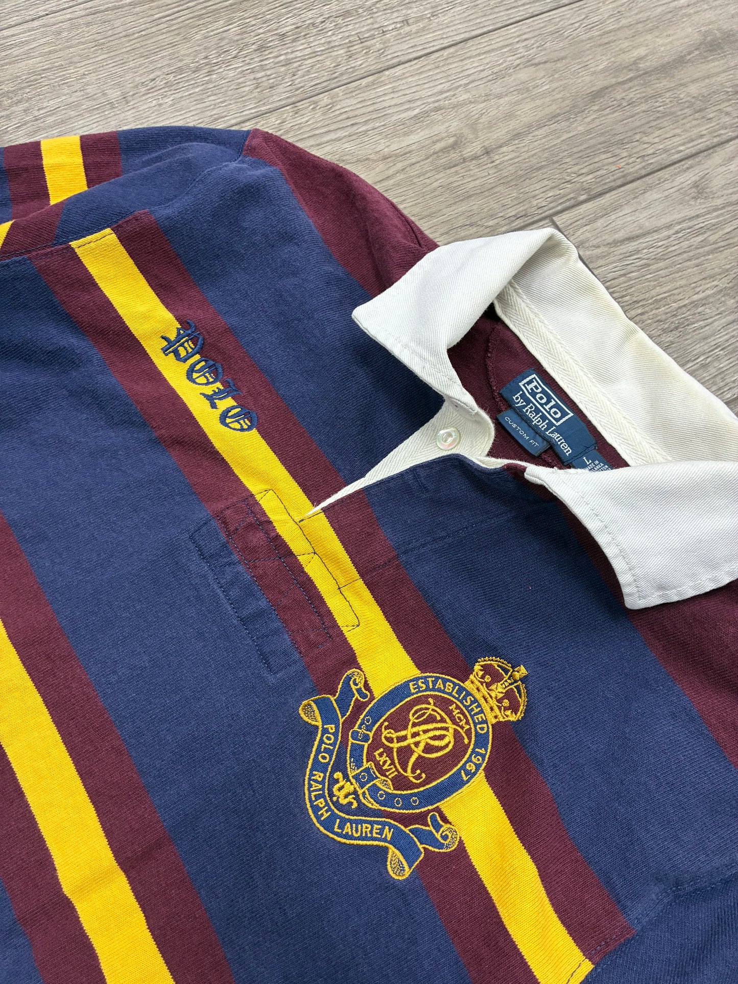 L - Polo Ralph Lauren Striped #8 Crest Rugby Long Sleeve Shirt