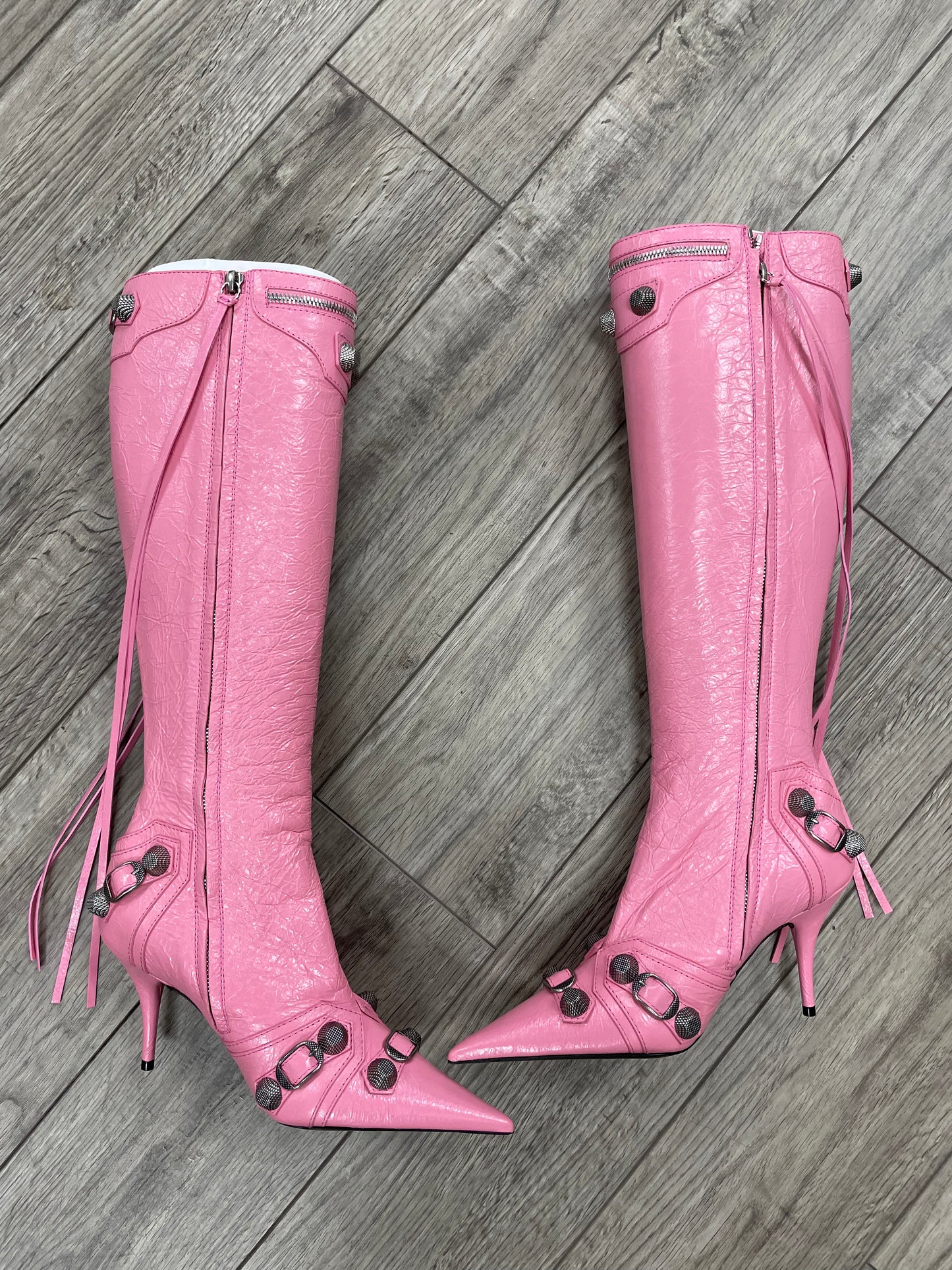 36-Balenciaga Pink Cagole Knee-High Leather Boots