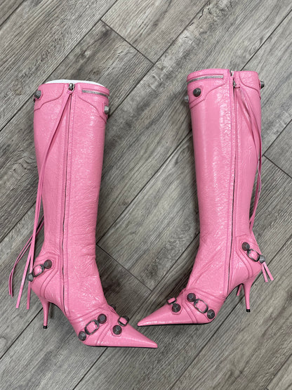 36-Balenciaga Pink Cagole Knee-High Leather Boots