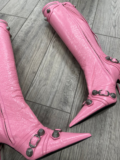 36-Balenciaga Pink Cagole Knee-High Leather Boots