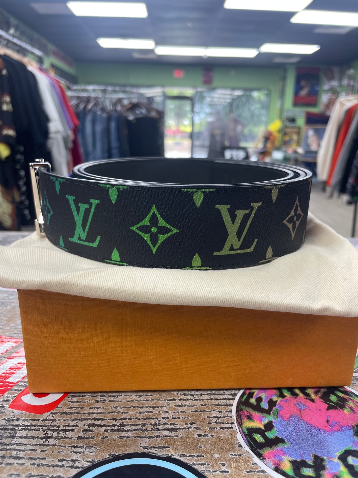 44-Louis Vuitton Silver Buckle Rainbow Monogram Belt